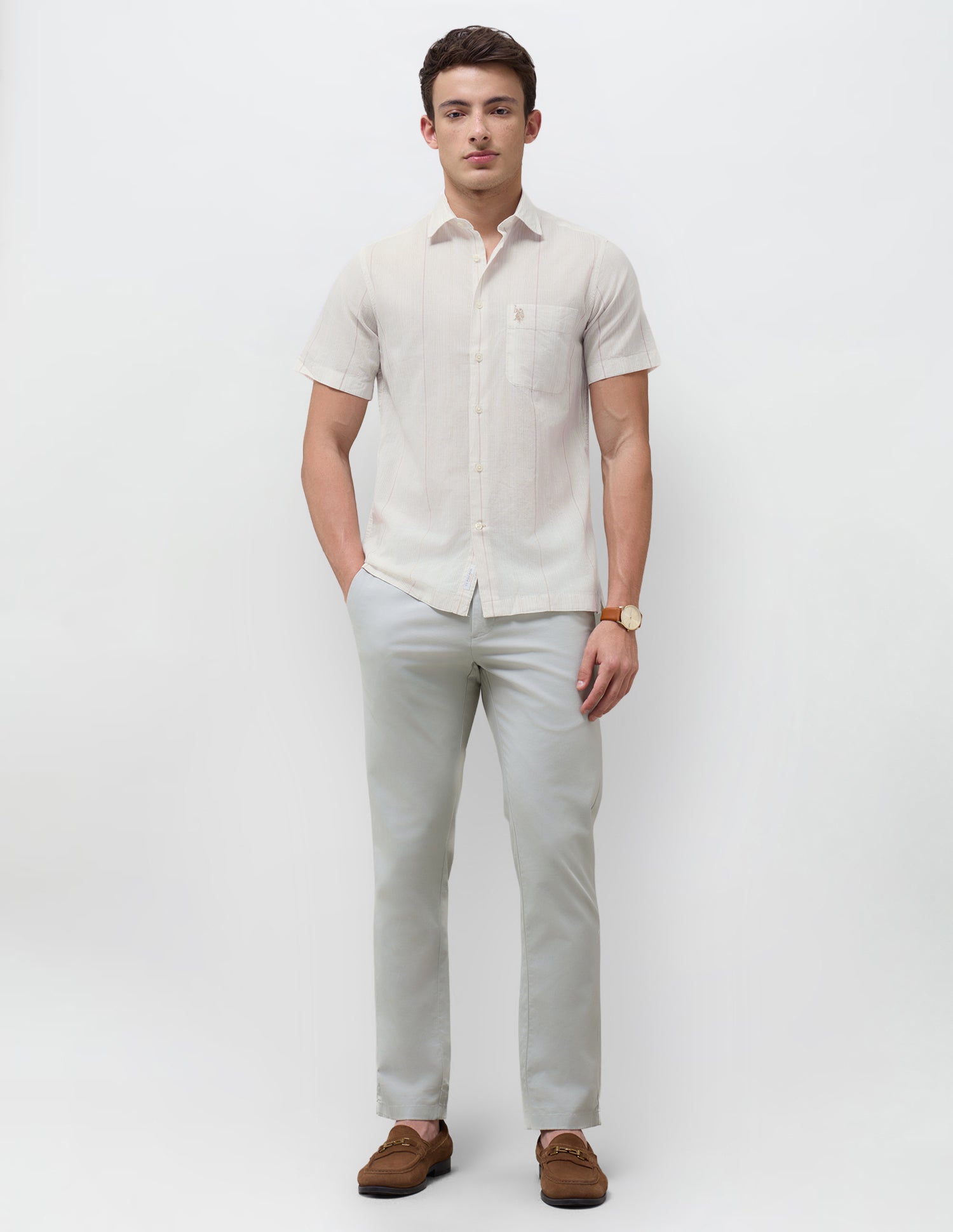 Vertical Striped Regular Fit Shirt Beige - U.S. Polo Assn. India | Large