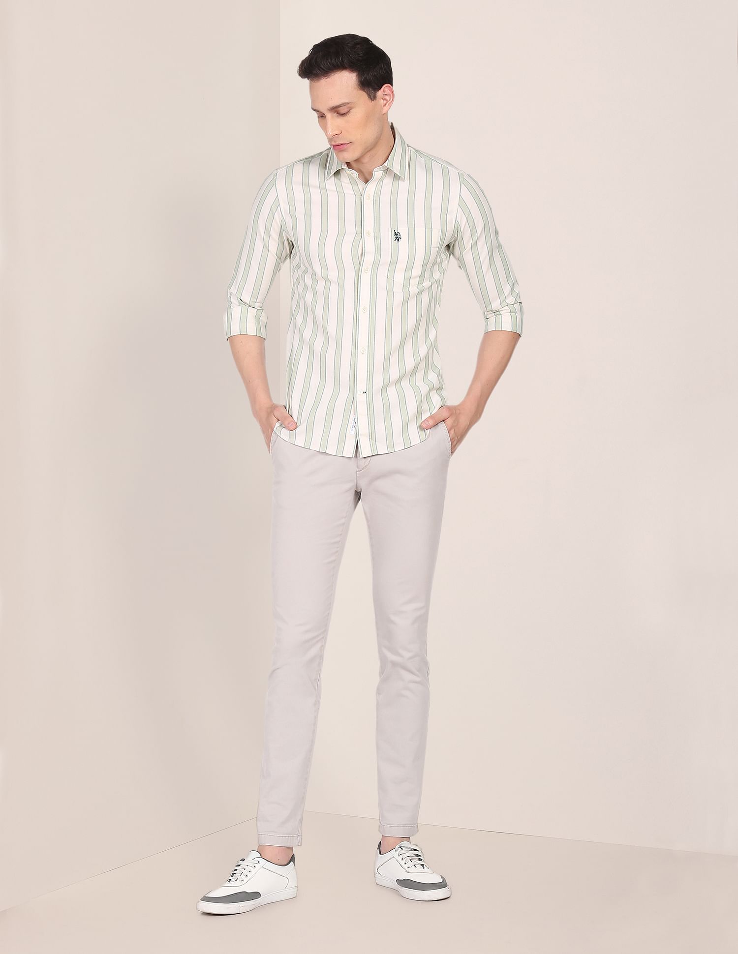 Vertical Stripe Cotton Casual Shirt Green and Beige - U.S. Polo Assn. India | Large