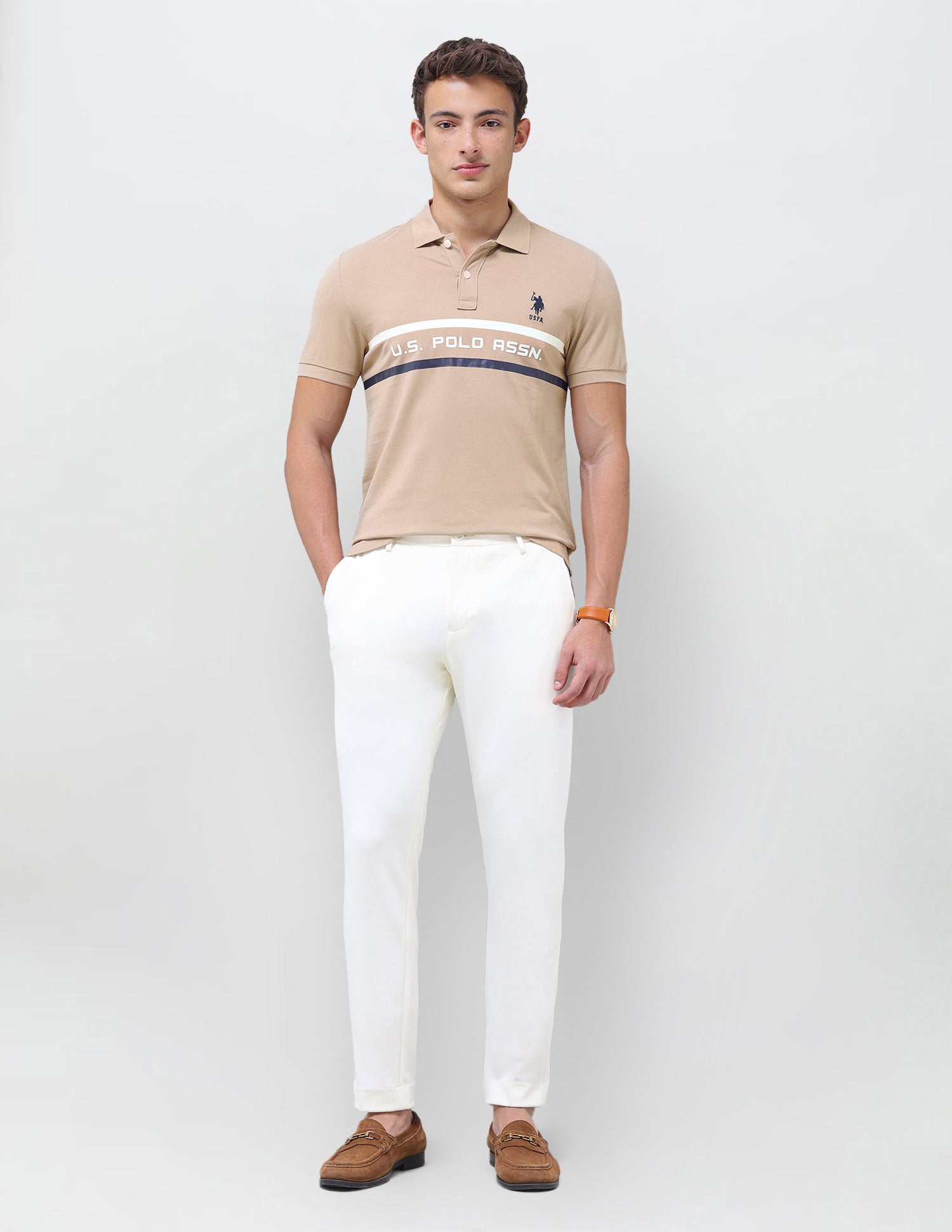 Brand Printed Muscle Fit Polo Shirt Beige - U.S. Polo Assn. India | Large