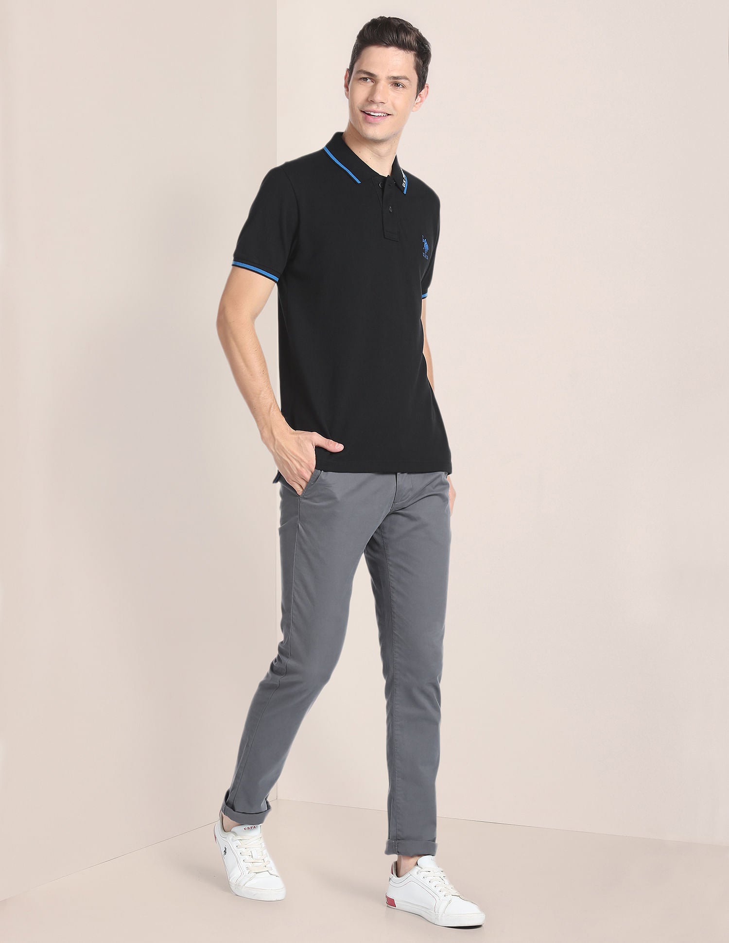 Tipped Collar Cotton Polo Shirt Black - U.S. Polo Assn. India | Large
