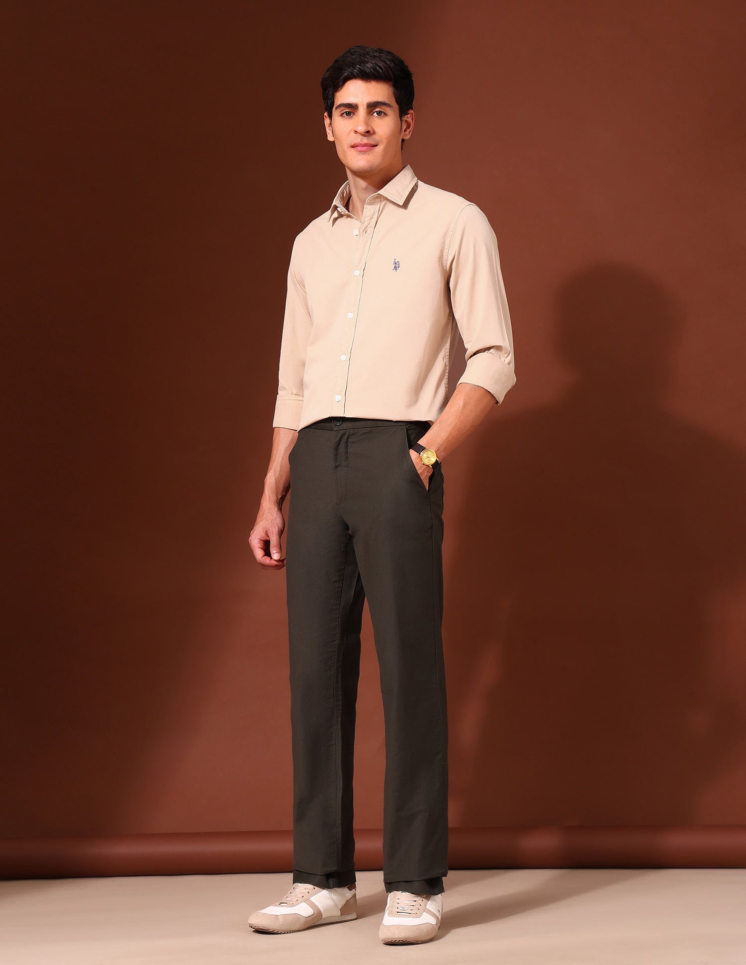Pure Cotton Regular Fit Twill Shirt Beige - U.S. Polo Assn. India | Large