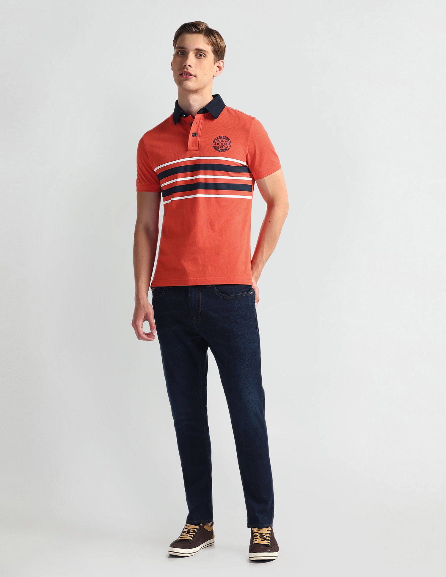 Ribbed Collar Stripe Polo Shirt Coral - U.S. Polo Assn. India | Large