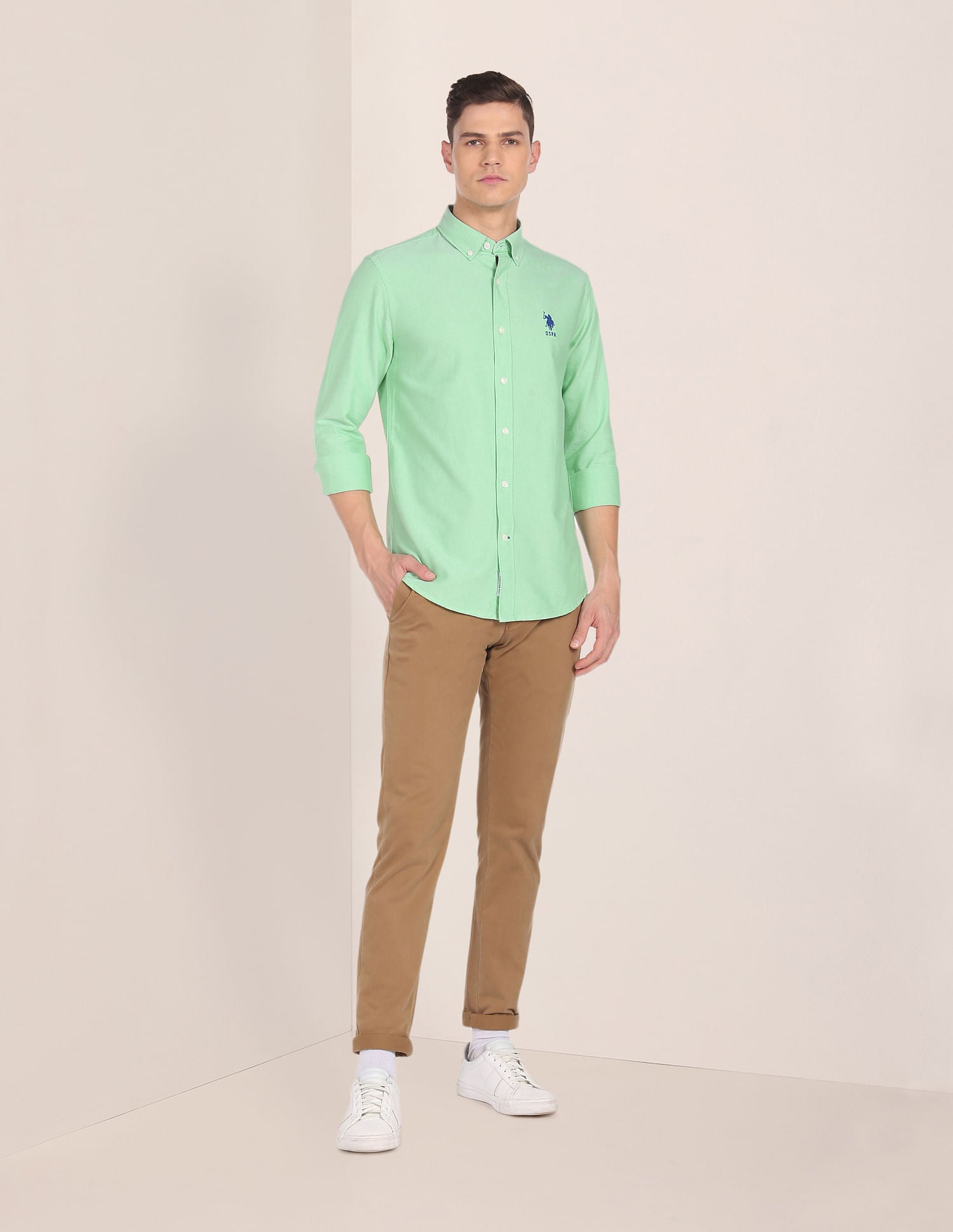 Button Down Collar Solid Casual Shirt Green - U.S. POLO ASSN. | Large