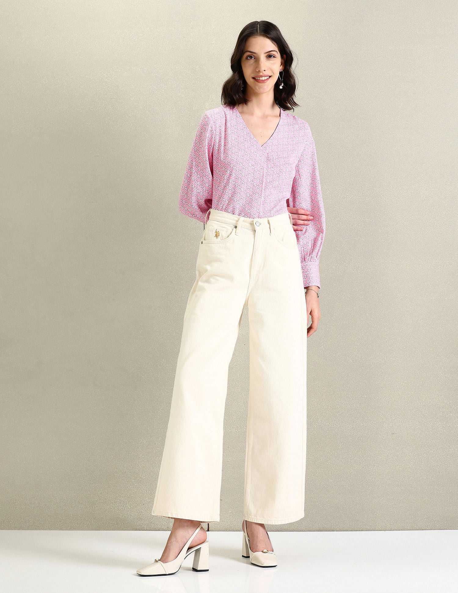 V-Neck Geometric Print Top Pink - U.S. POLO ASSN. | Large