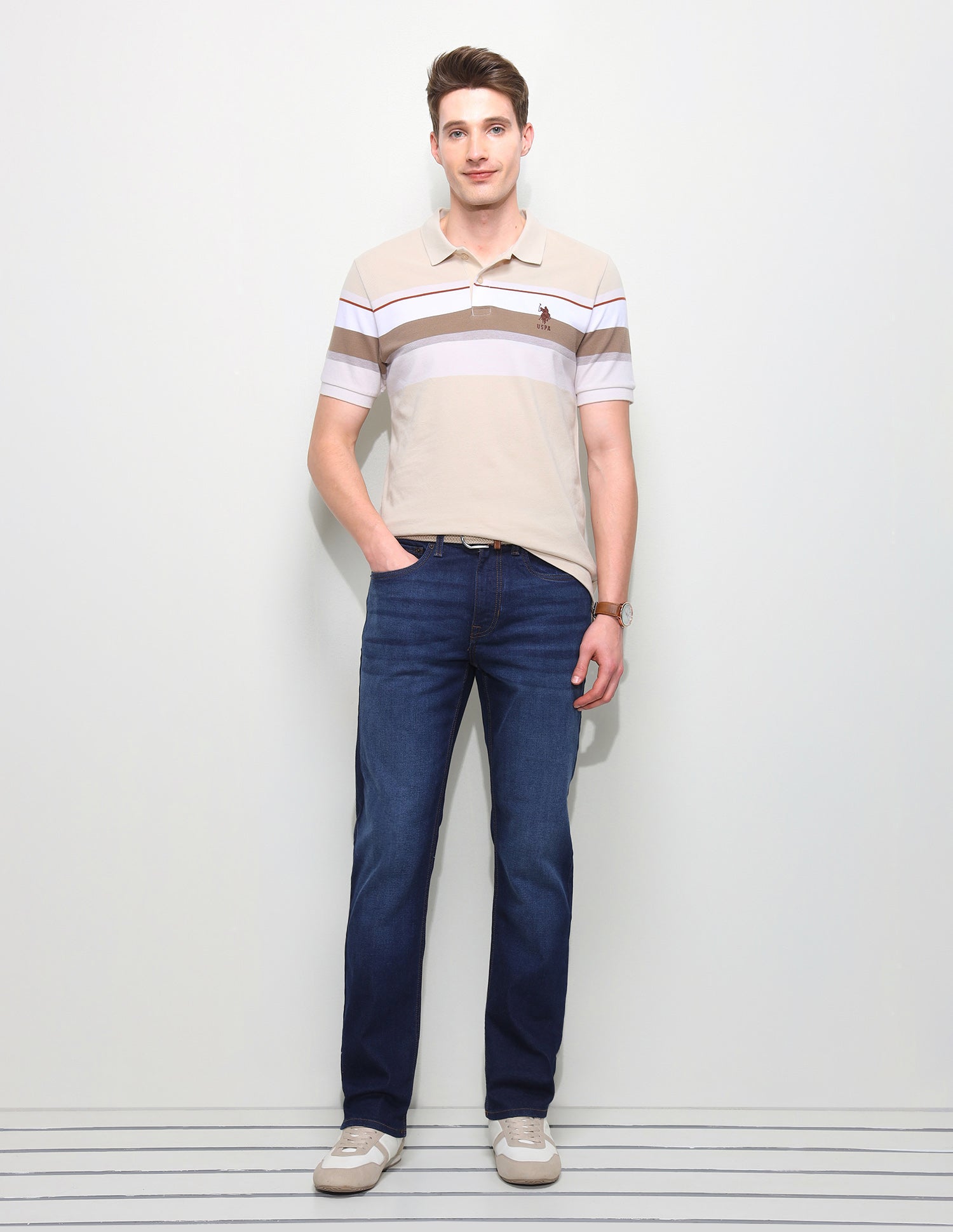 Horizontal Striped Slim Fit Polo Shirt Beige - U.S. Polo Assn. India | Large