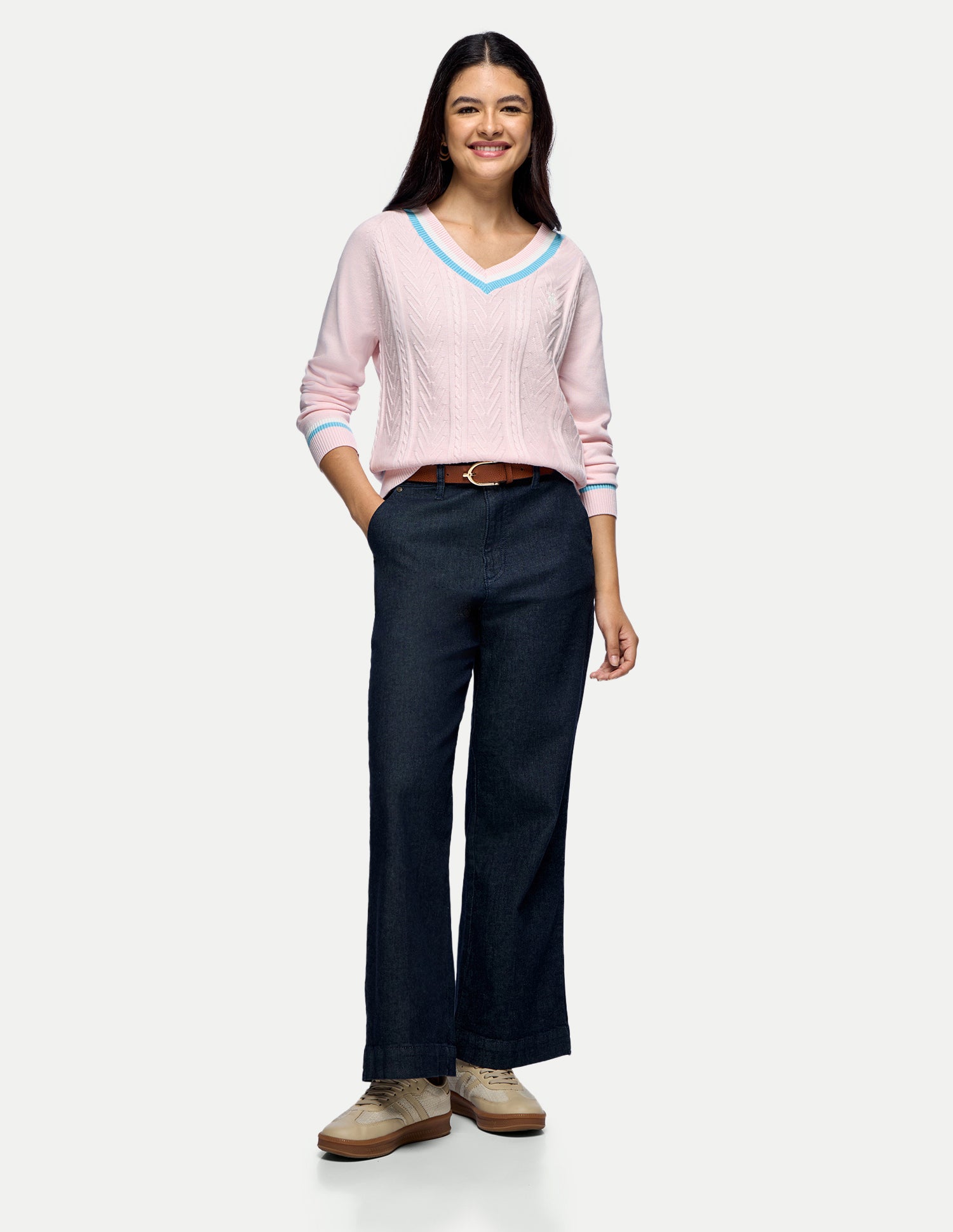 Cable Patterned Knit Regular Fit Sweater Light Pink - U.S. Polo Assn. India | Large