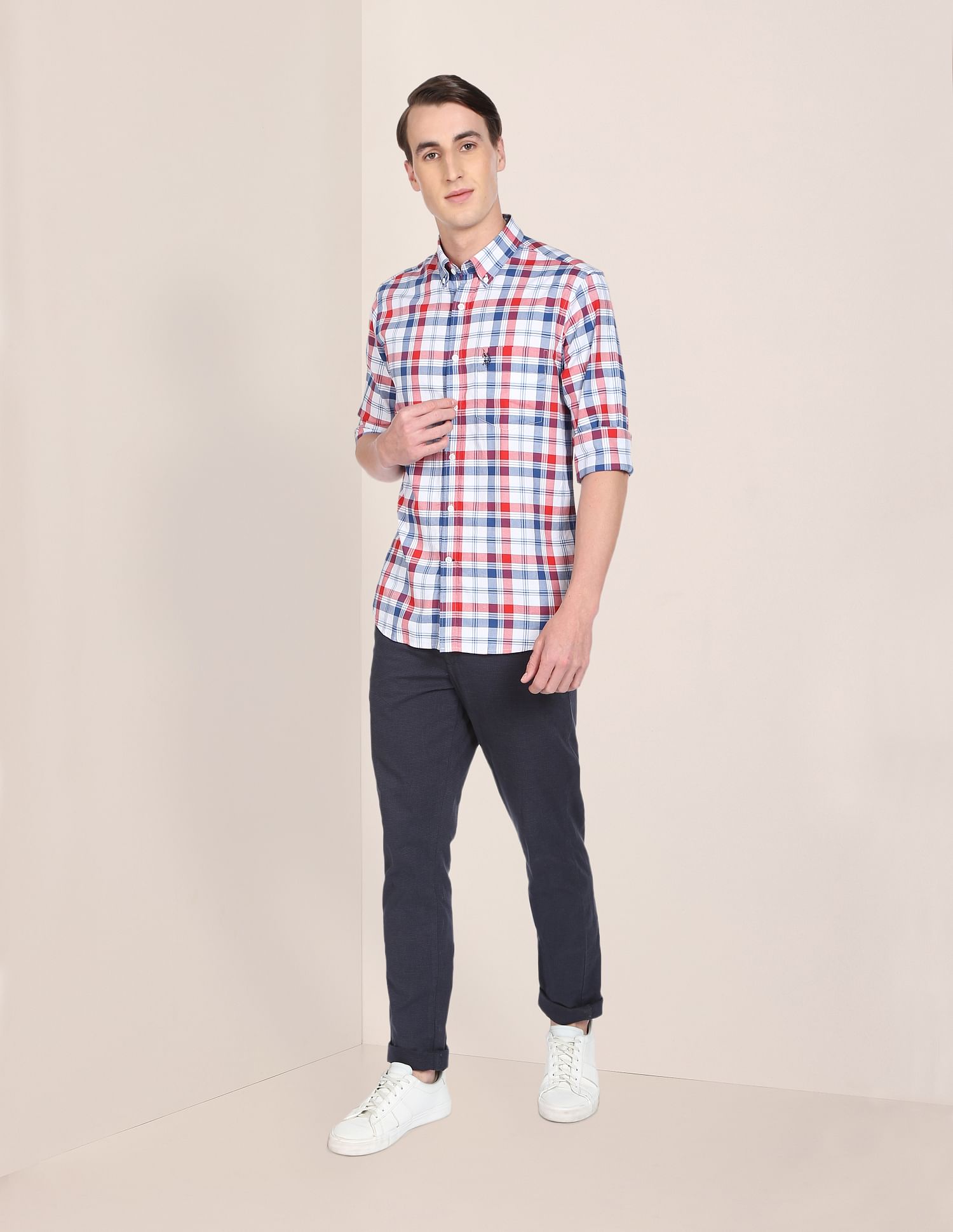 Men Red Twill Weave Premium Cotton Casual Shirt White, Red and Blue - U.S. Polo Assn. India | Large