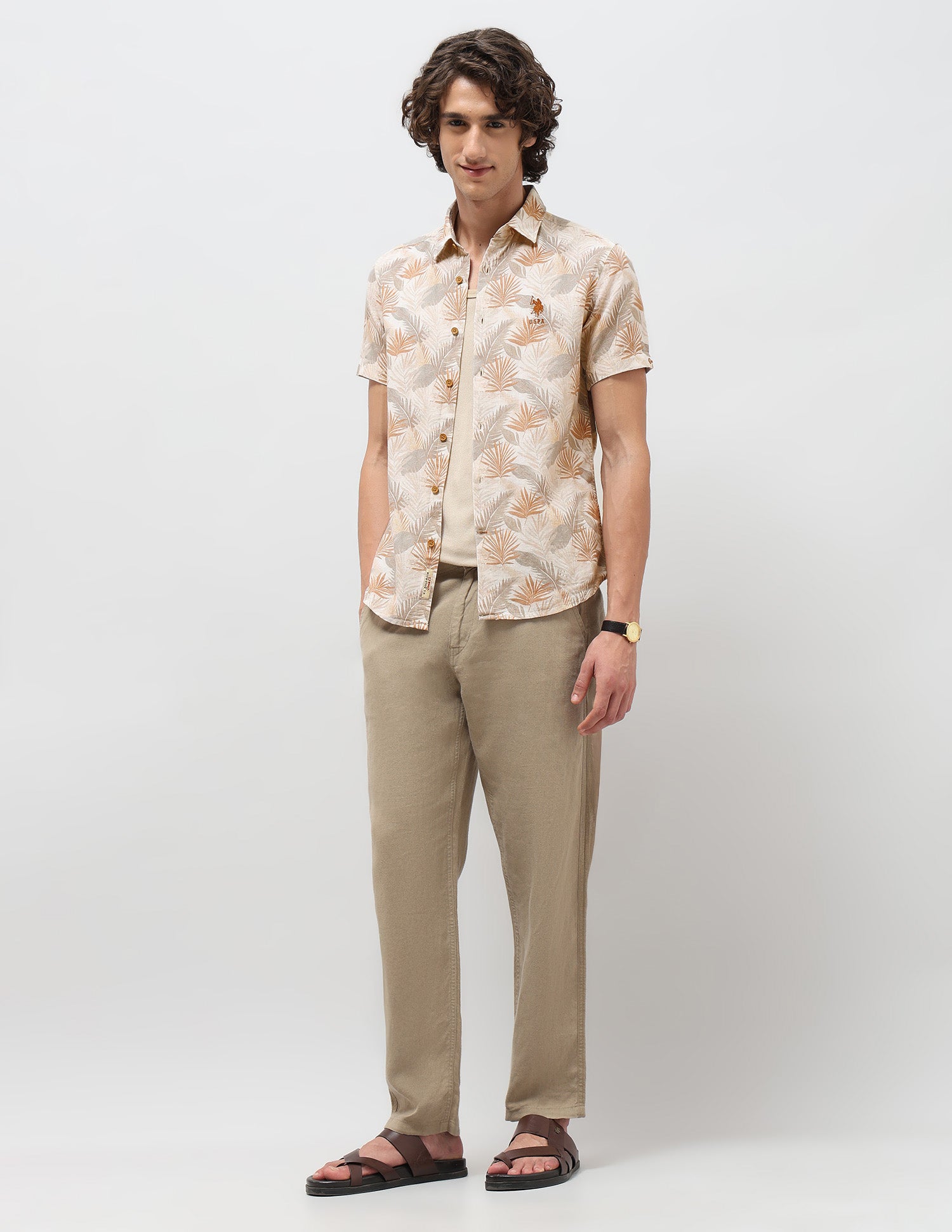 Tropical Printed Slim Fit Shirt Beige - U.S. POLO ASSN. | Large
