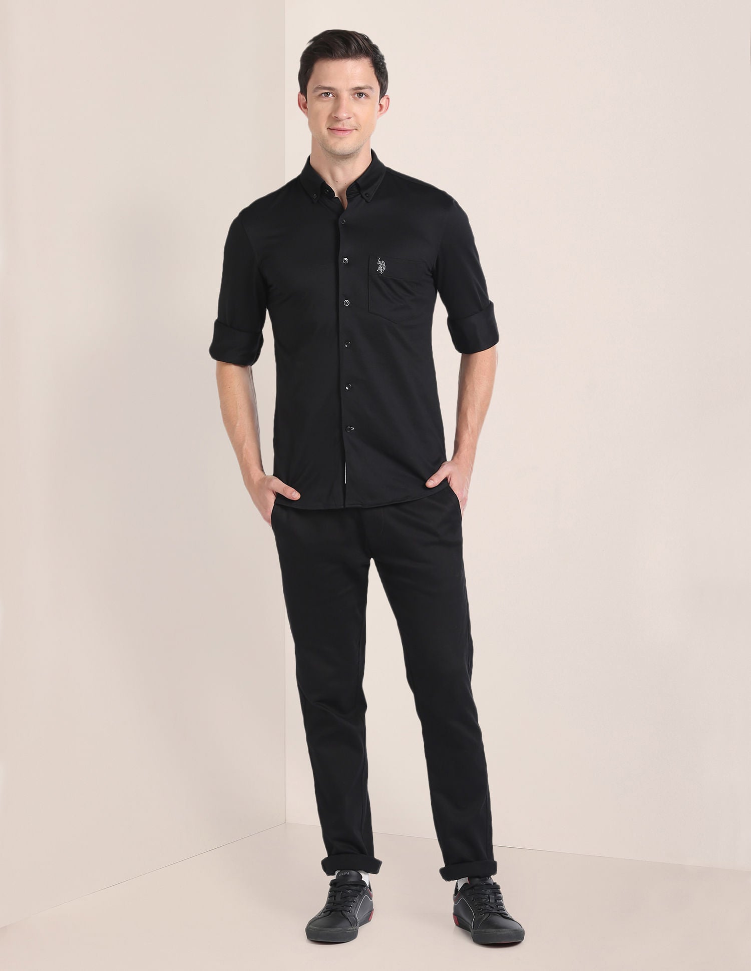 Solid Button Down Collar Shirt Black - U.S. Polo Assn. India | Large