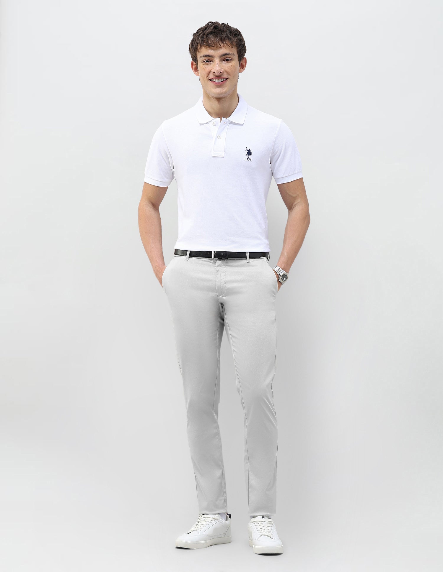 Austin Slim Fit Dobby Trousers Light Grey - U.S. Polo Assn. India | Large