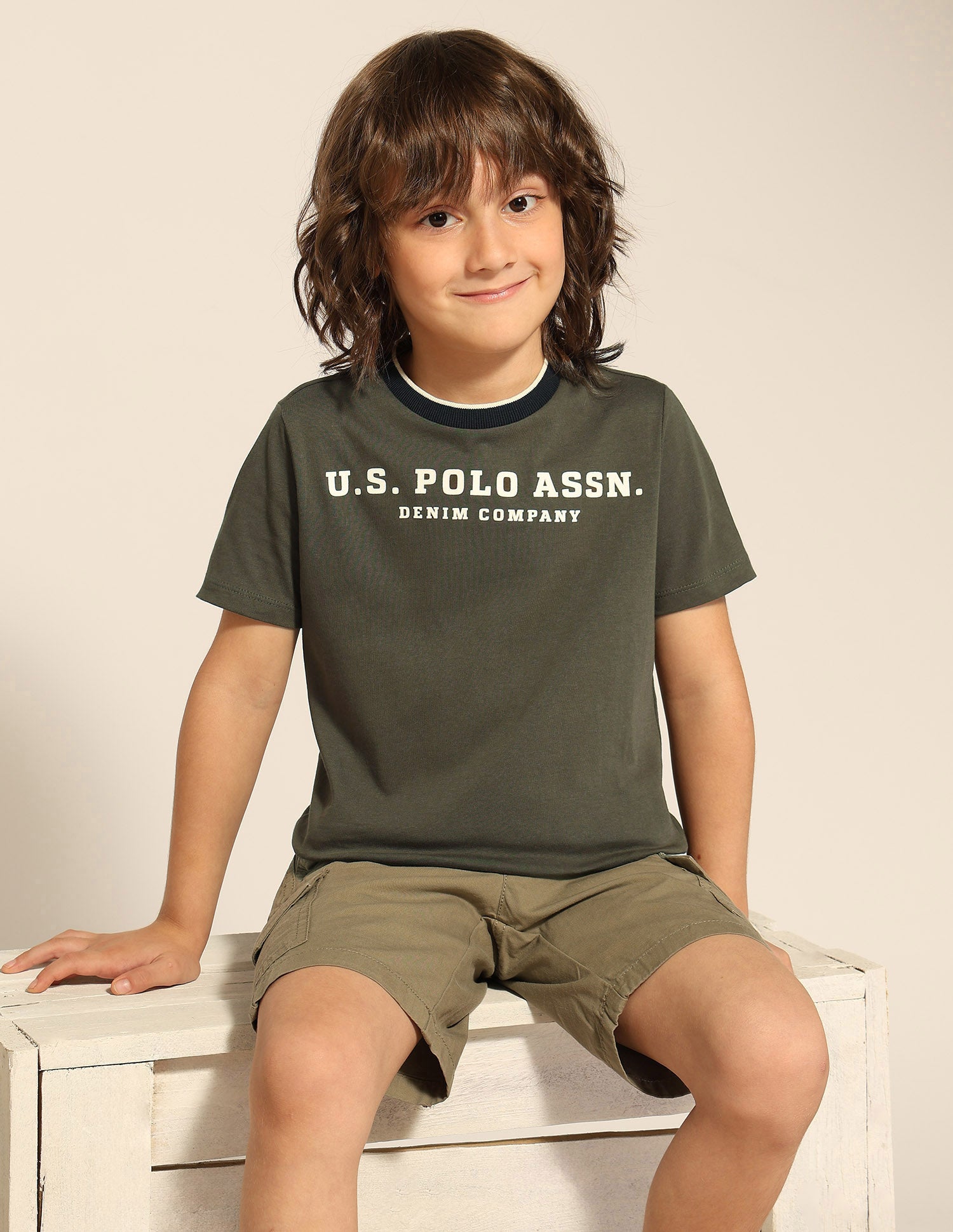 Boys Brand Embossed T-Shirt - Pack Of 2 Ivory and Olive - U.S. POLO ASSN. | Large