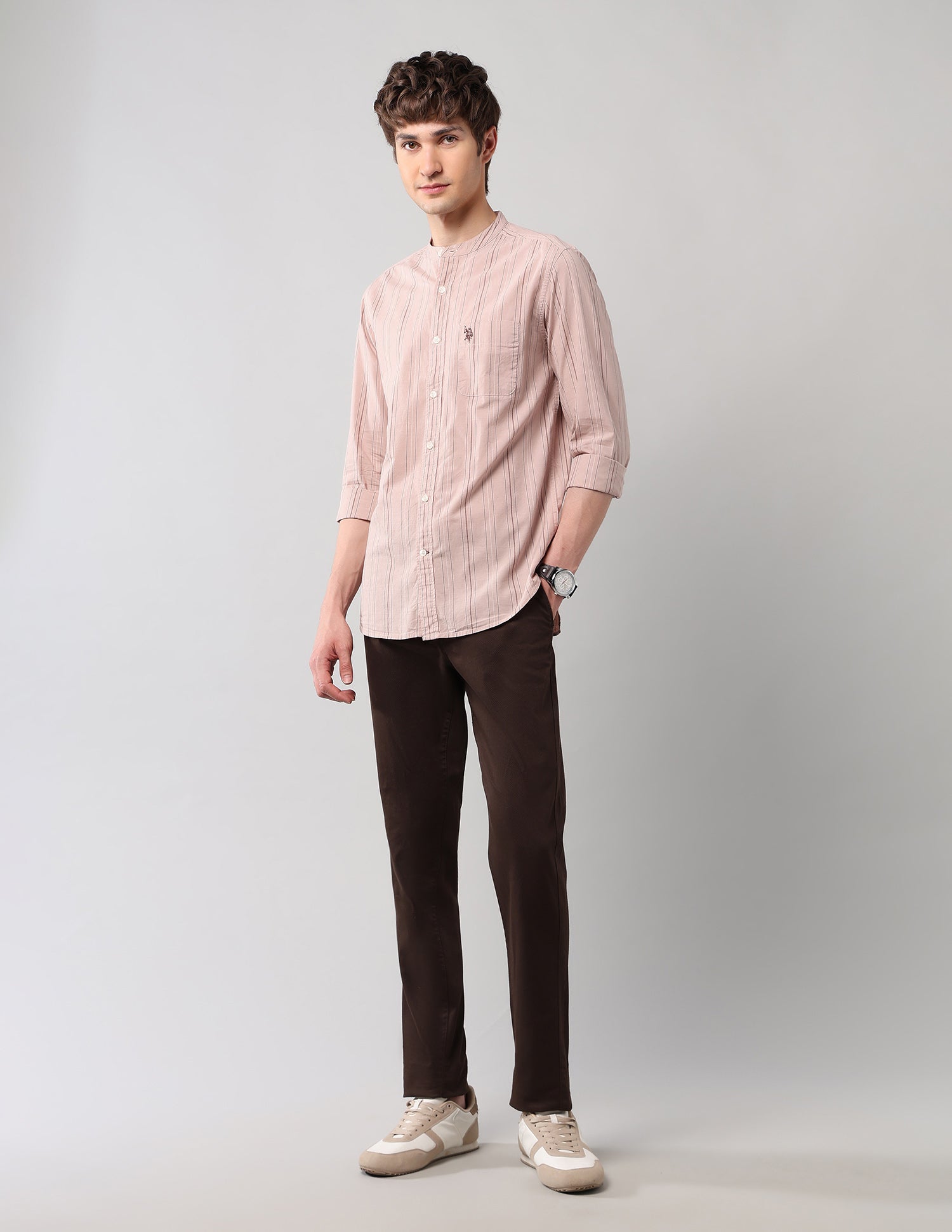 Pure Cotton Regular Fit Mandarin Shirt Peach - U.S. Polo Assn. India | Large
