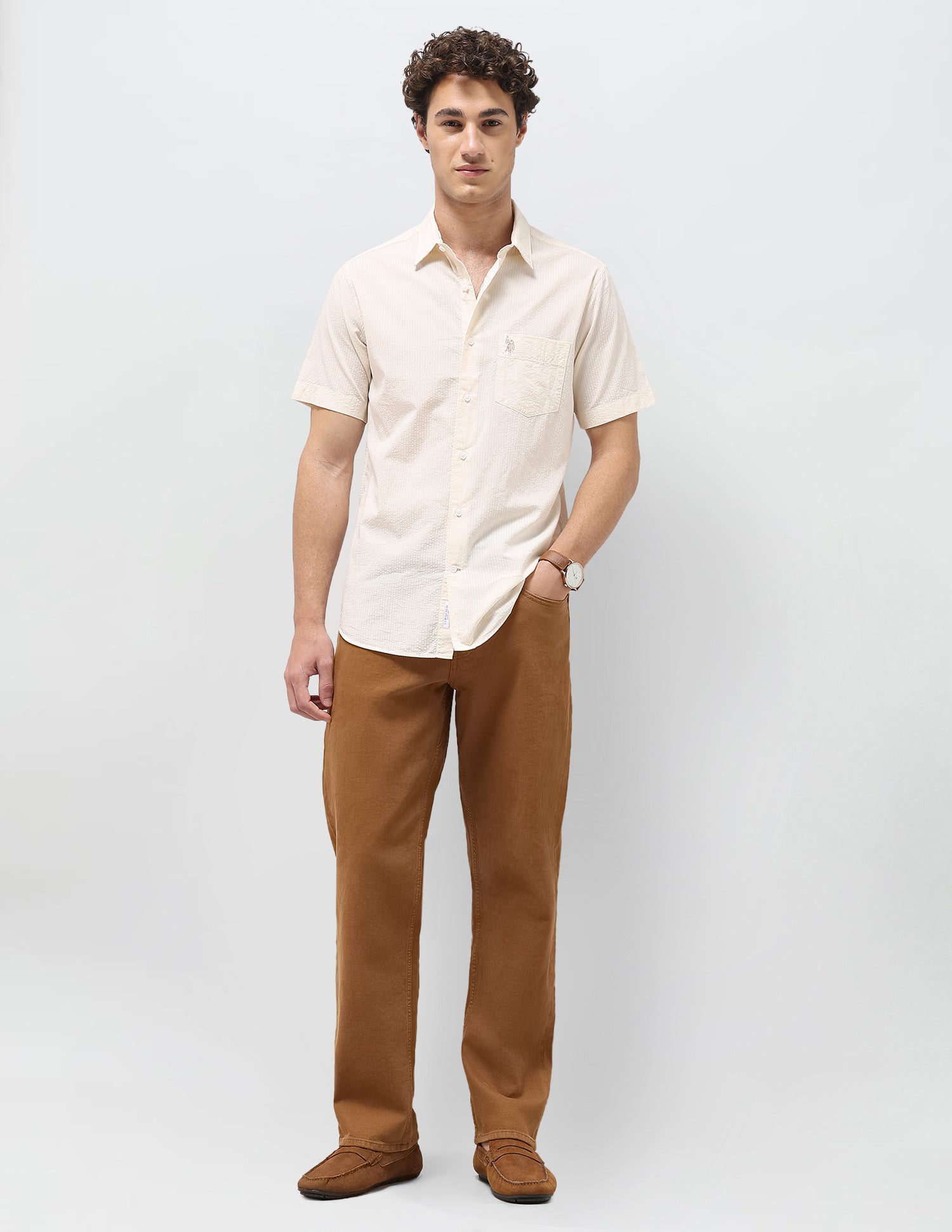 Regular Fit Seersucker Shirt Ivory - U.S. Polo Assn. India | Large