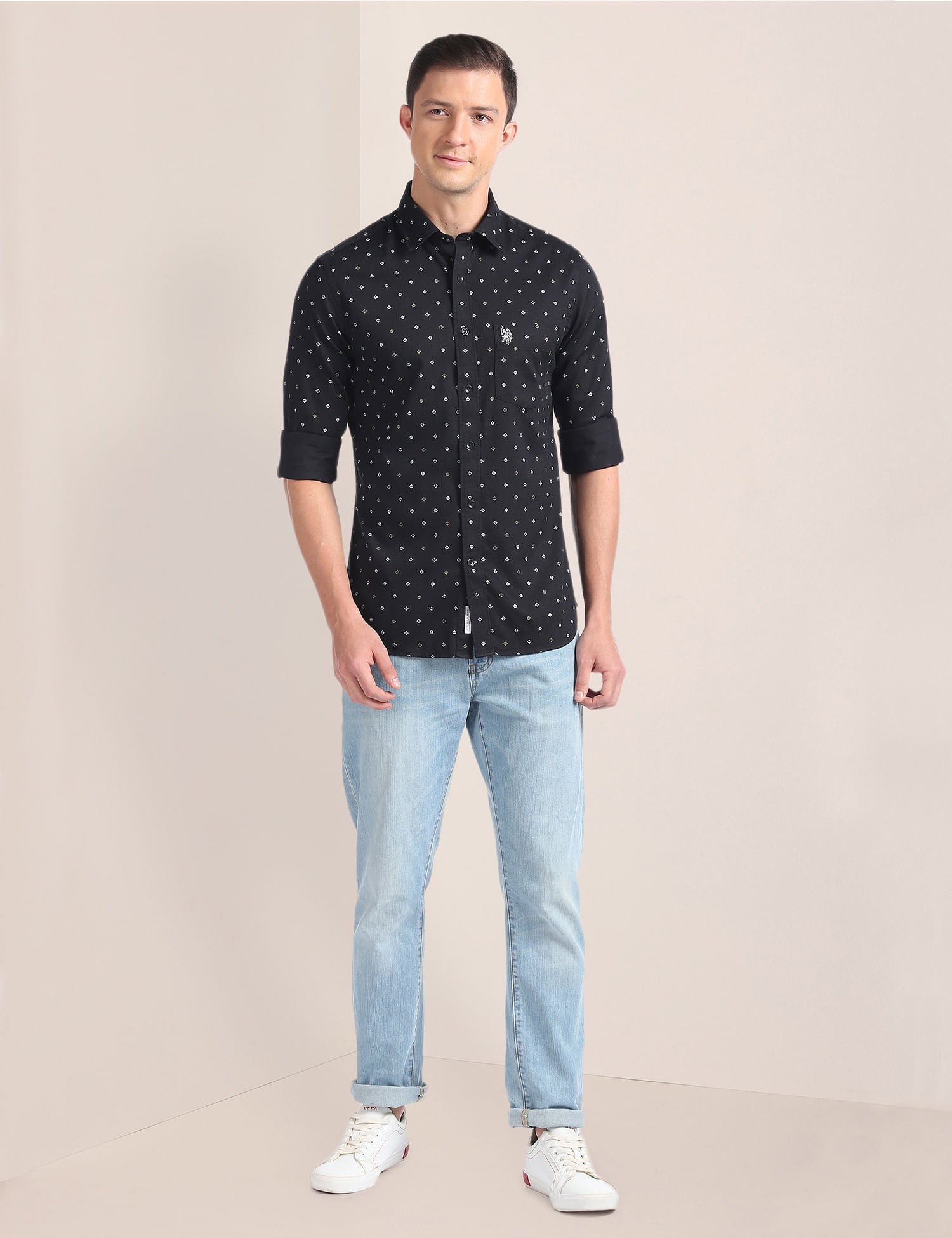 Geometric Print Dobby Shirt Black - U.S. POLO ASSN. | Large