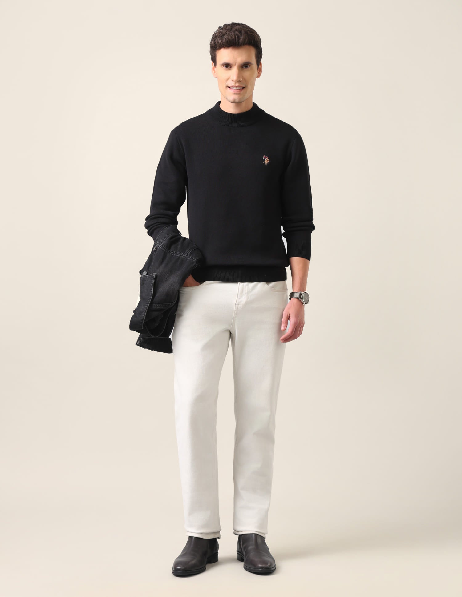 Regular Fit Solid Sweater Black - U.S. Polo Assn. India | Large