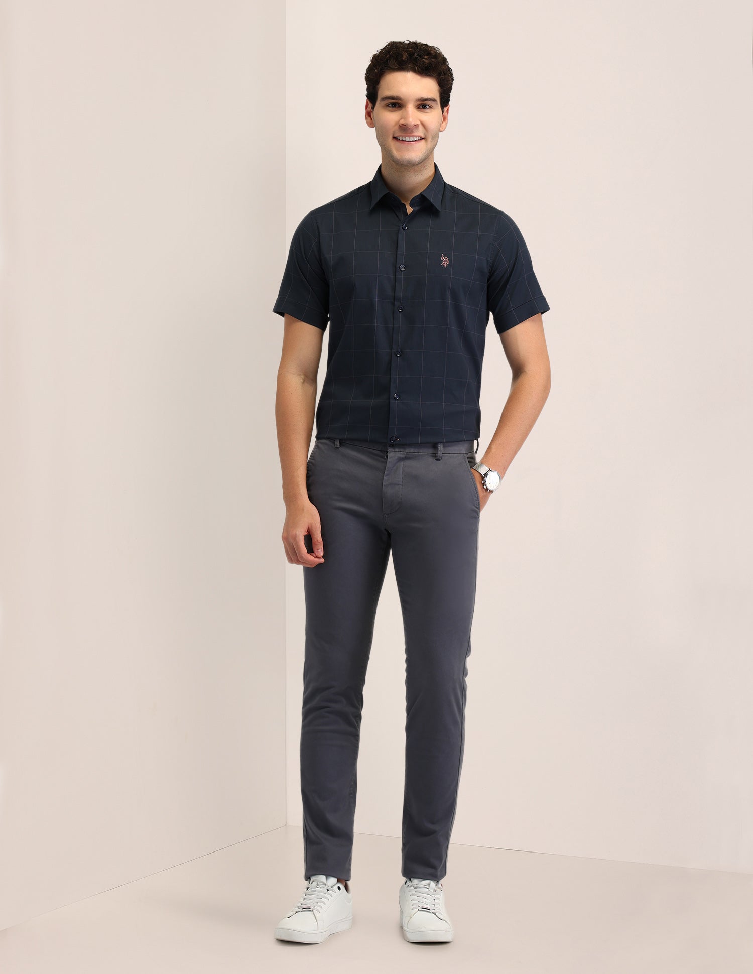 Windowpane Checked Tailored Fit Shirt Dark Green - U.S. Polo Assn. India | Large