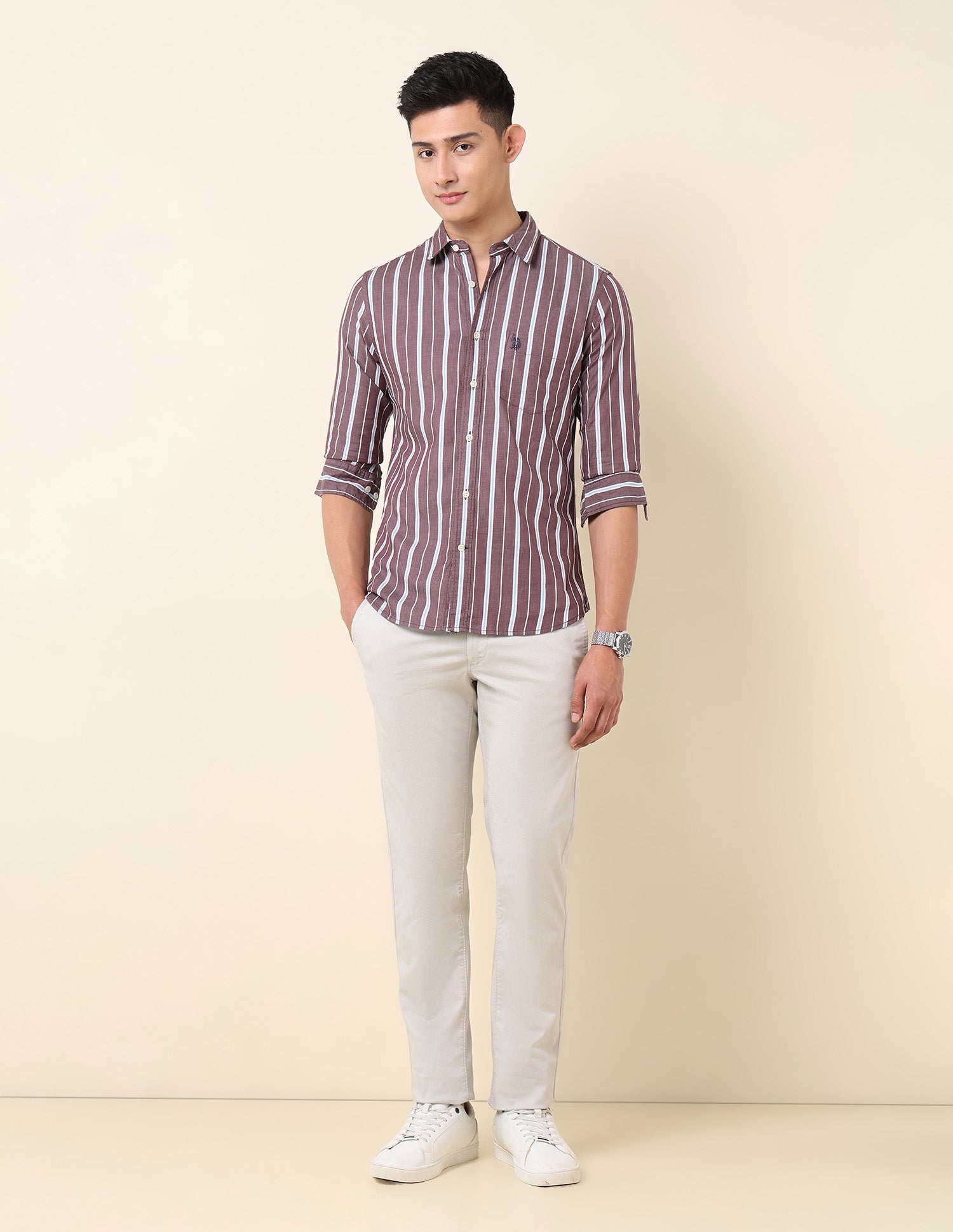 Pure Cotton Vertical Striped Shirt Choco - U.S. Polo Assn. India | Large