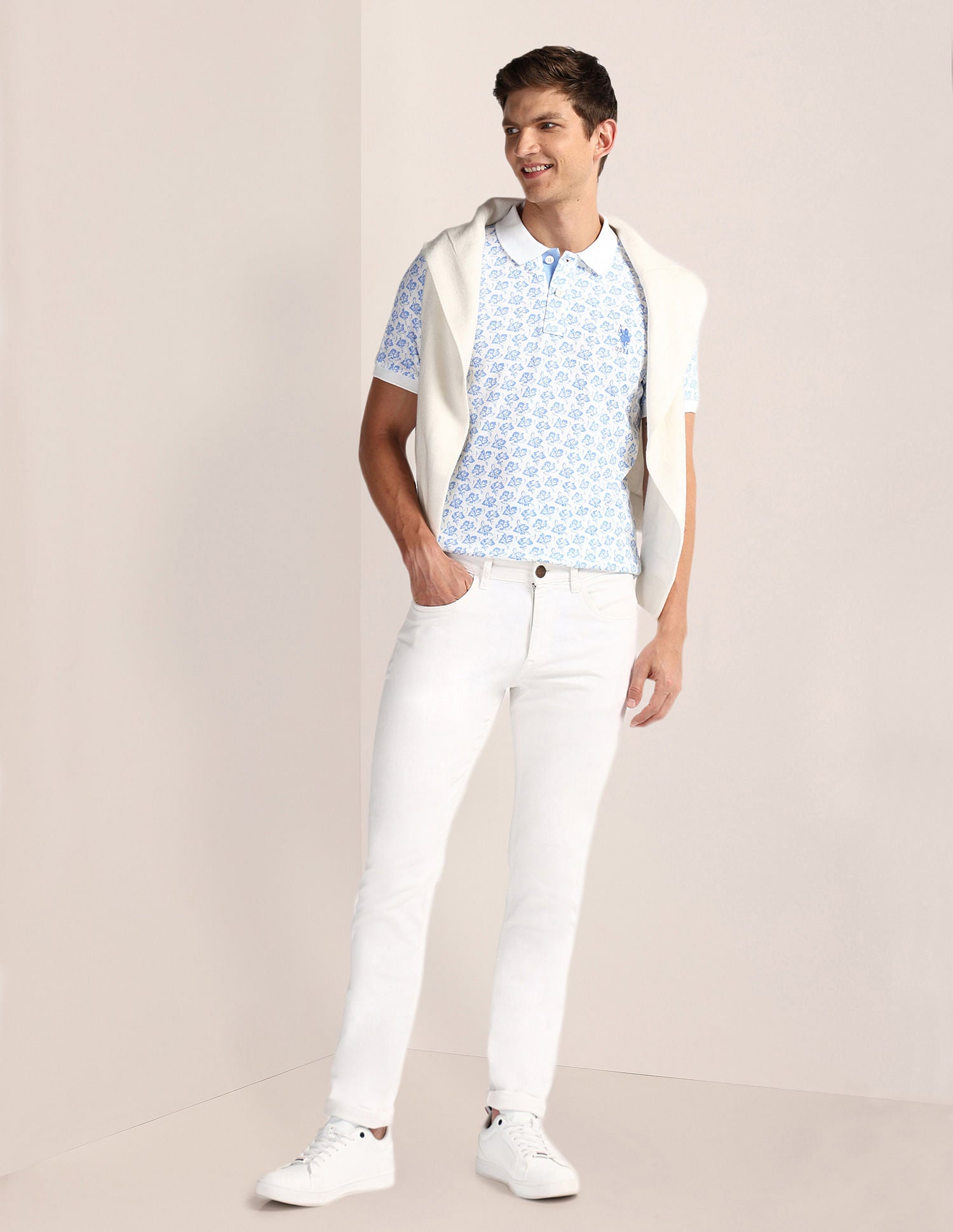 Pure Cotton Floral Polo Shirt Blue and White - U.S. POLO ASSN. | Large