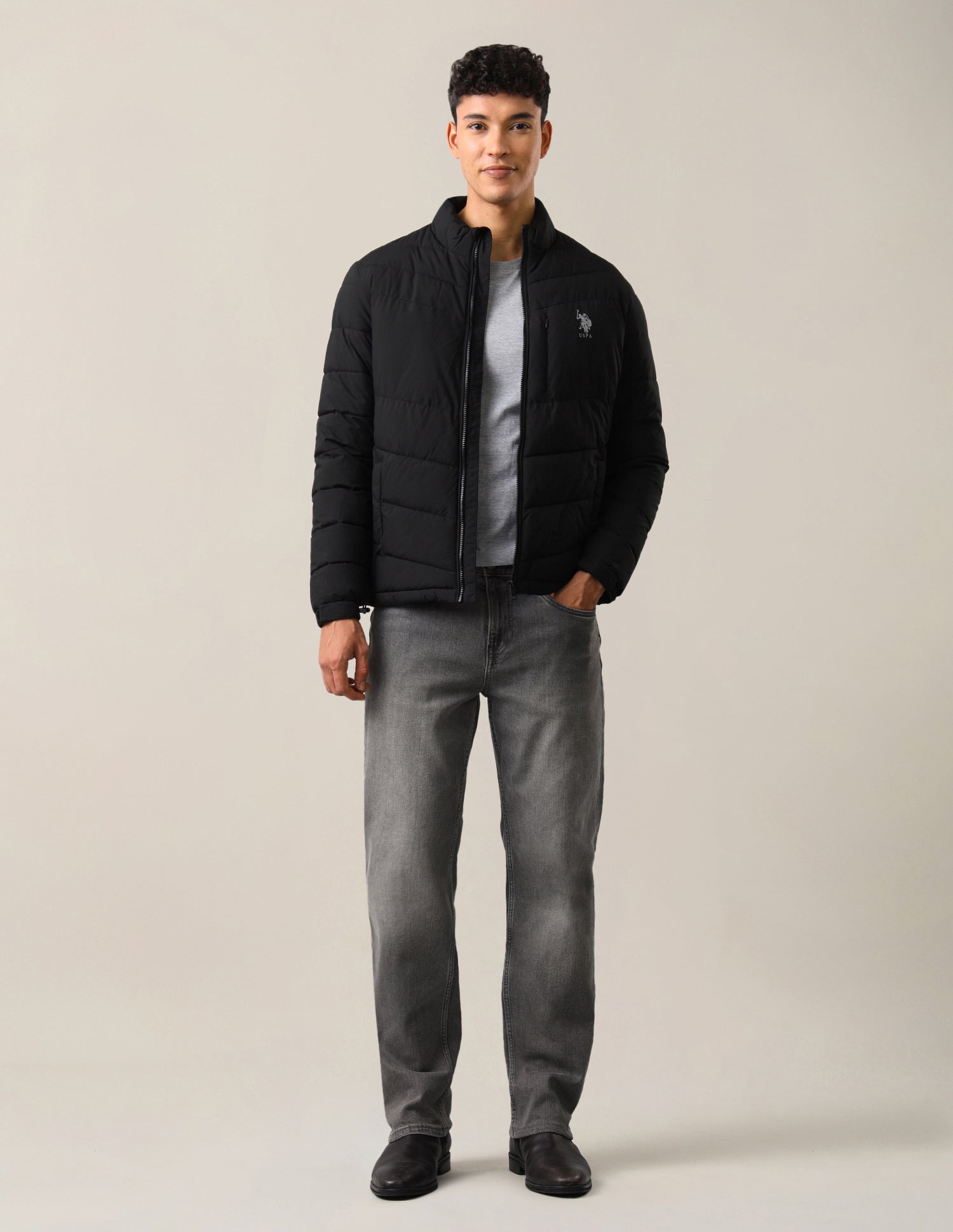 Solid Regular Fit Puffer Jacket Black - U.S. Polo Assn. India | Large