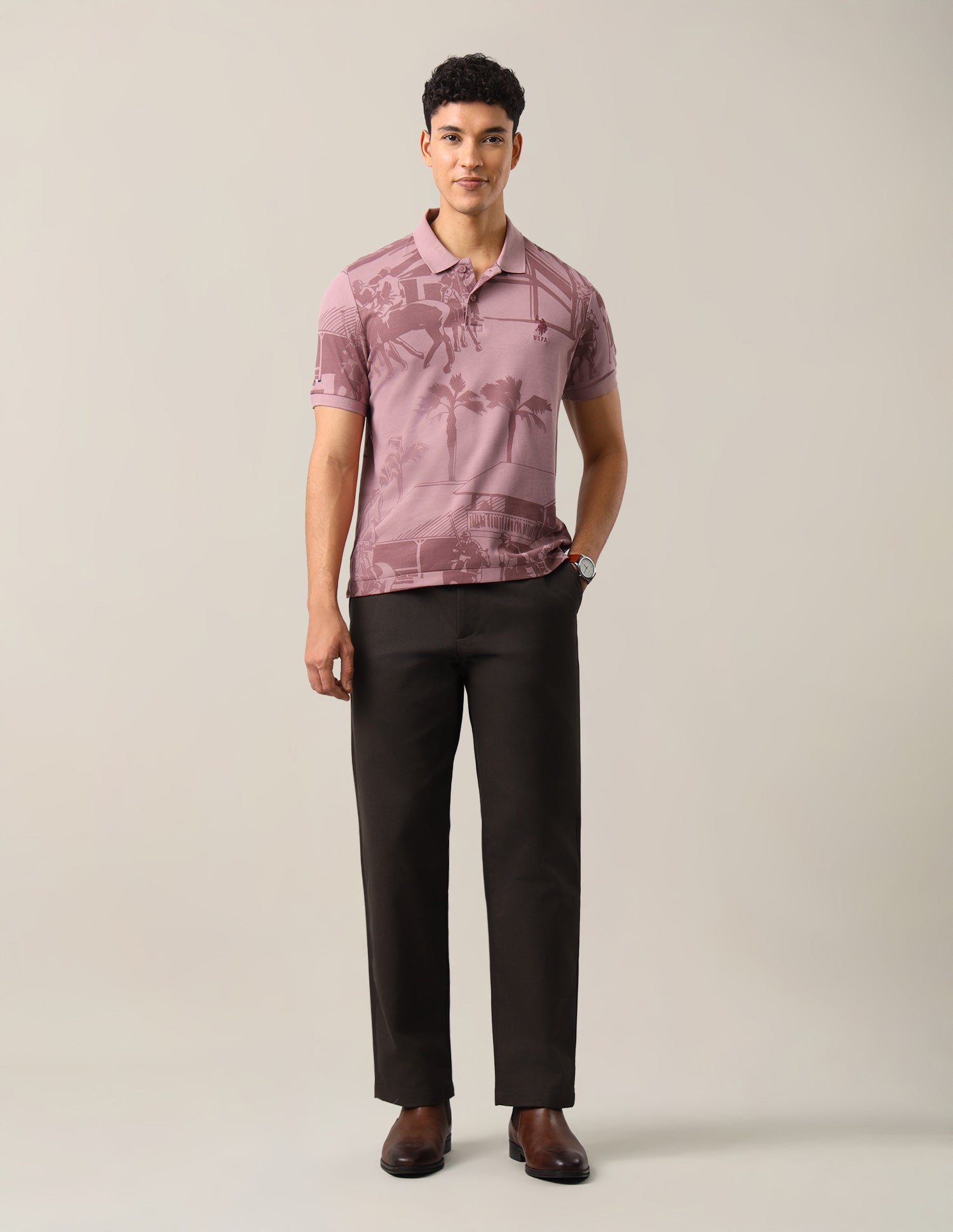 Graphic Brand Printed Slim Fit Polo Shirt Peach - U.S. Polo Assn. India | Large