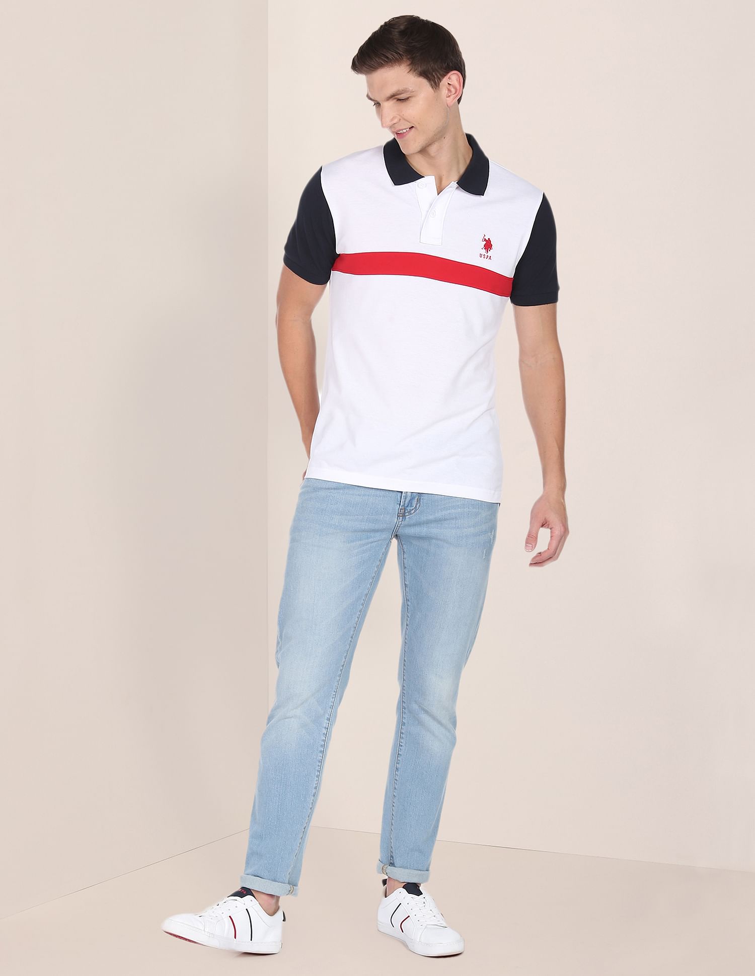 Colour Block Cotton Polo Shirt White - U.S. POLO ASSN. | Large