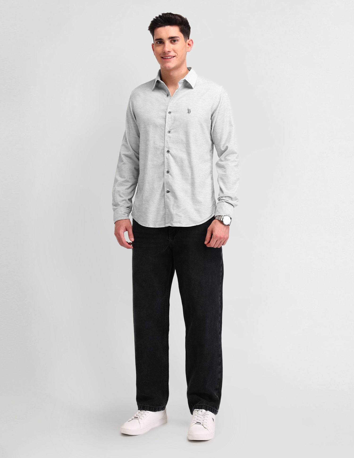 Textured Slim Fit Cotton Shirt Grey - U.S. Polo Assn. India | Large