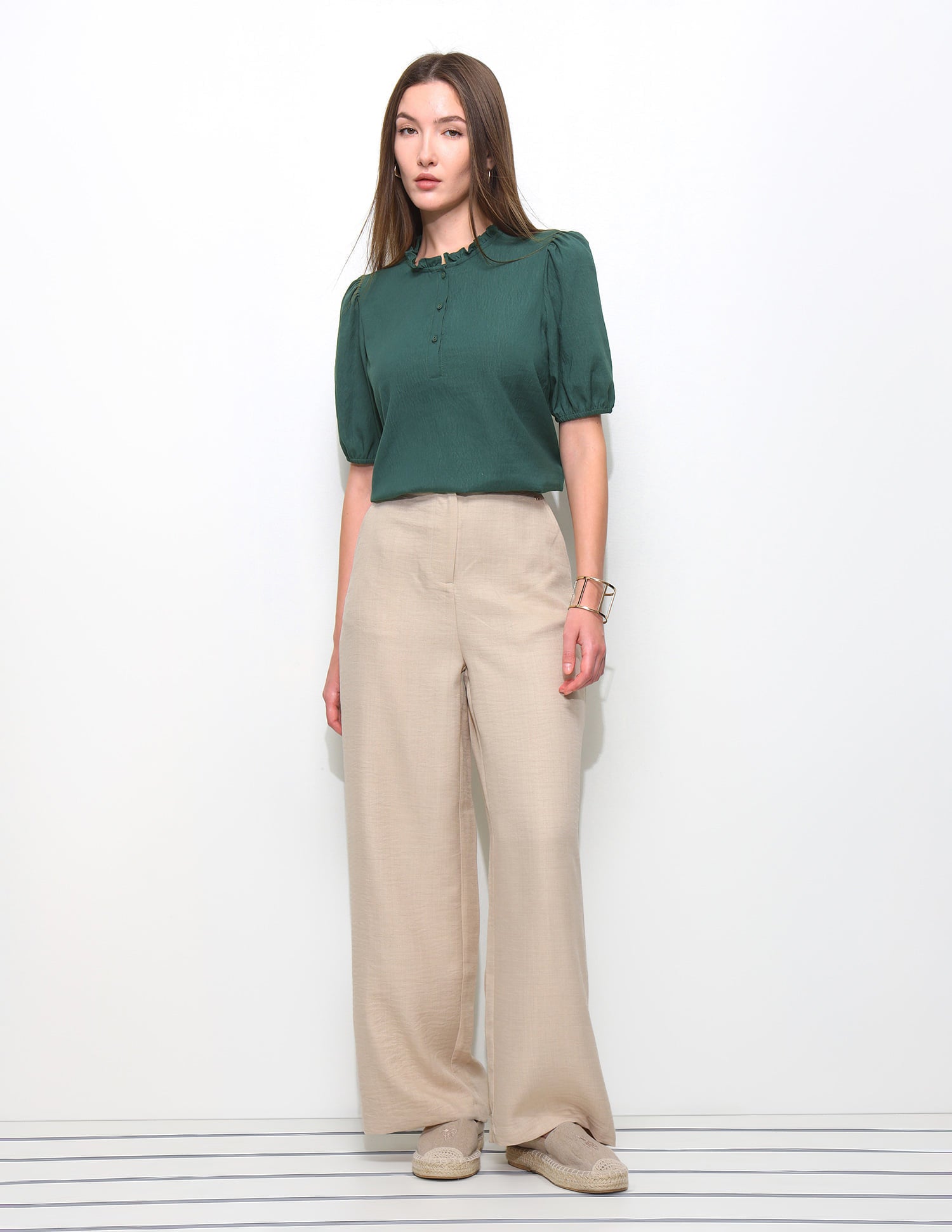 Solid Ruffle Neck Puff Sleeve Top Dark Green - U.S. Polo Assn. India | Large