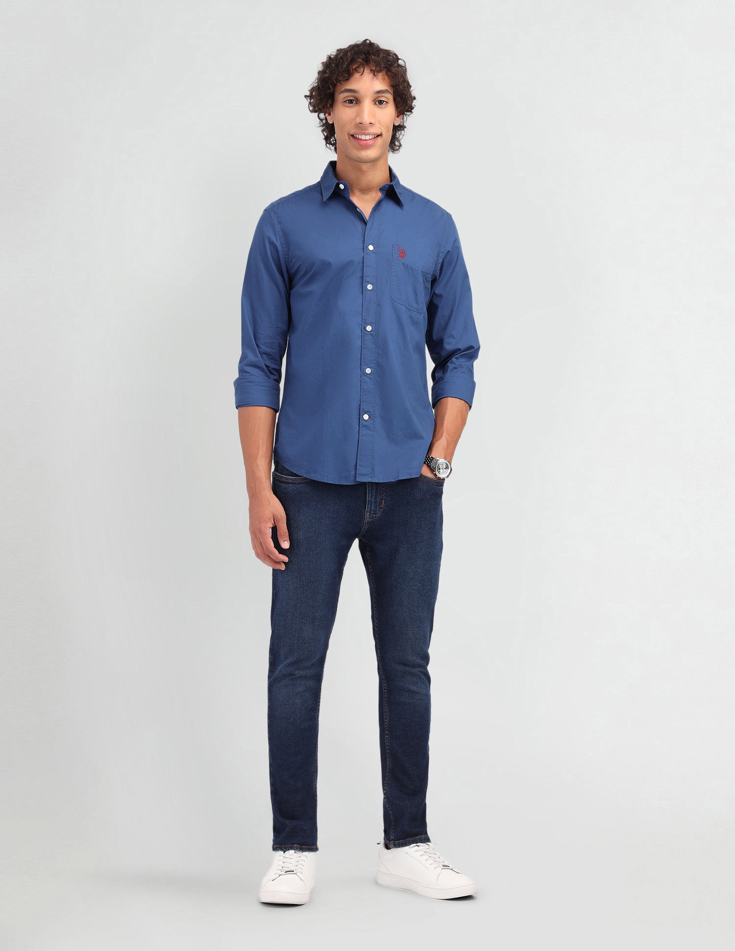 Solid Pattern Twill Shirt Dark Blue - U.S. Polo Assn. India | Large