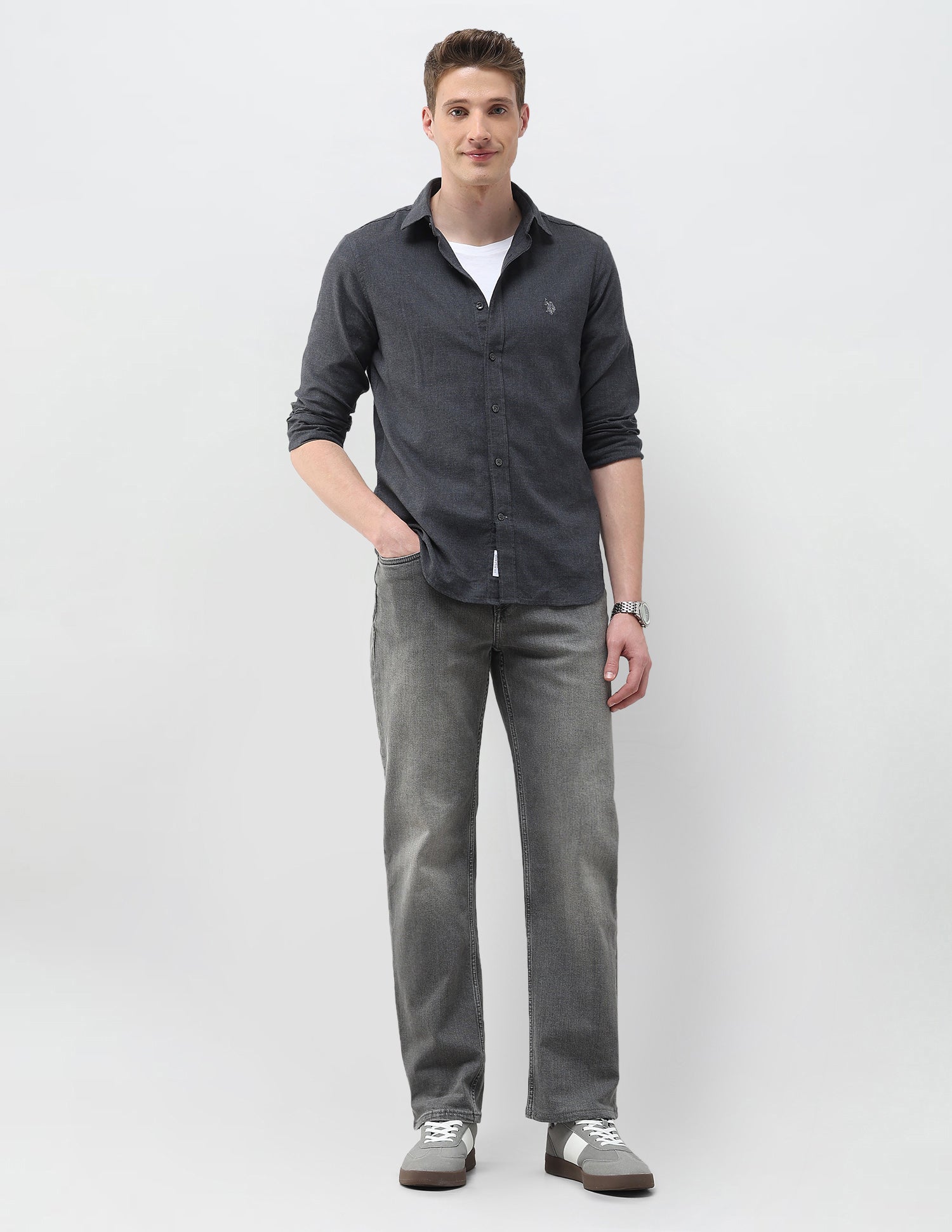 Heathered Tailored Fit Shirt Dark Grey - U.S. Polo Assn. India | Large