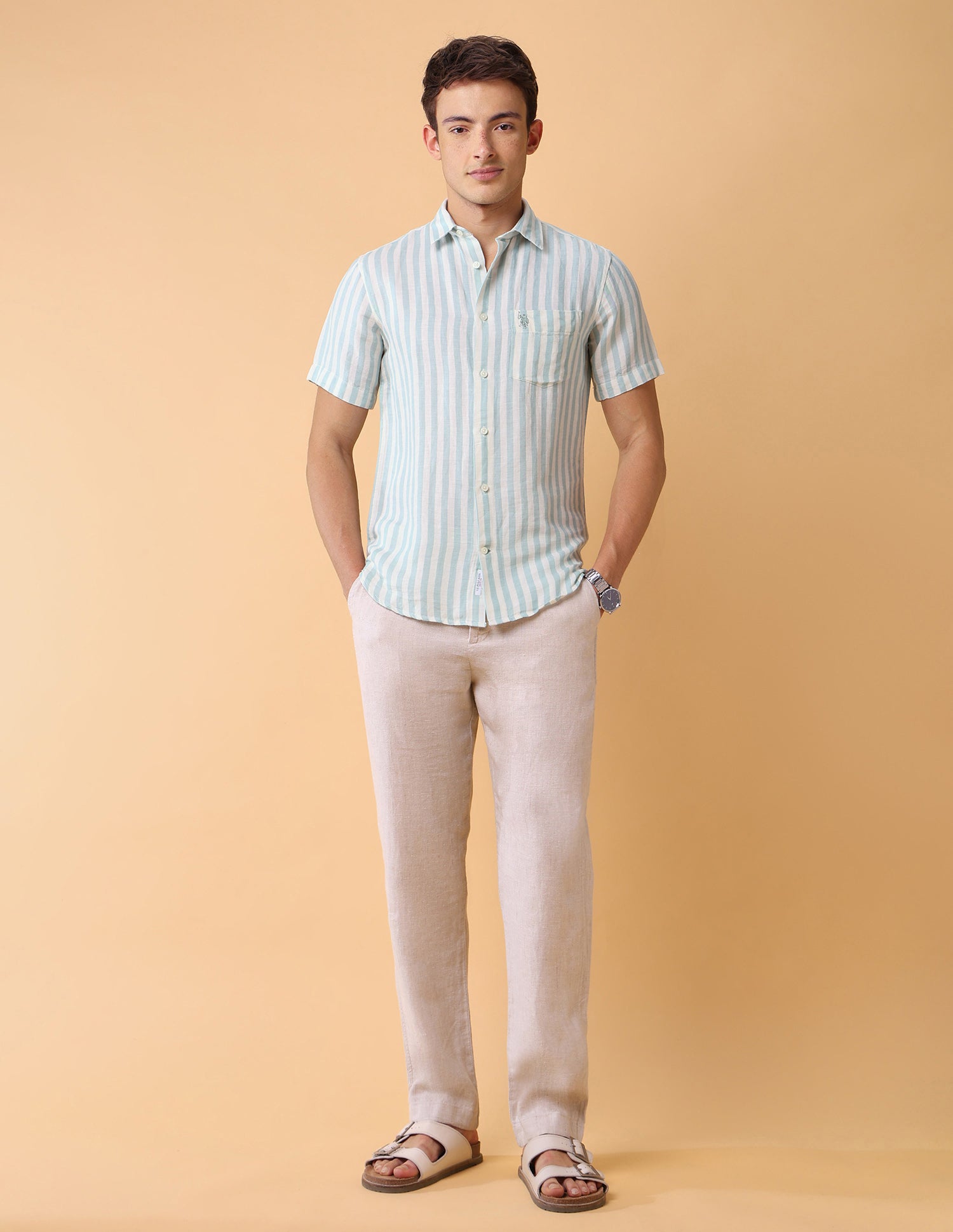 Vertical Striped Regular Fit Shirt Light Green - U.S. Polo Assn. India | Large