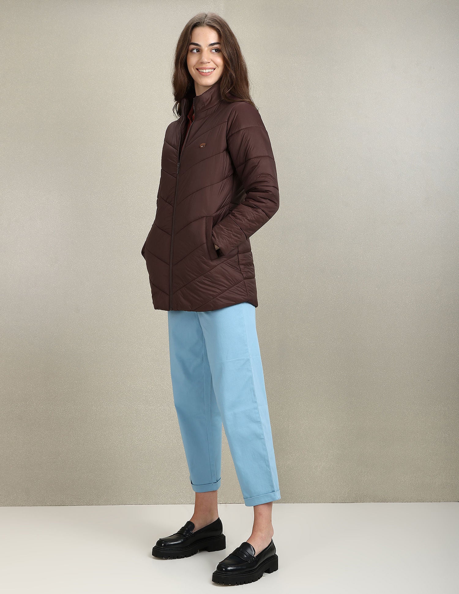 High Neck Longline Puffer Jacket Brown - U.S. POLO ASSN. | Large