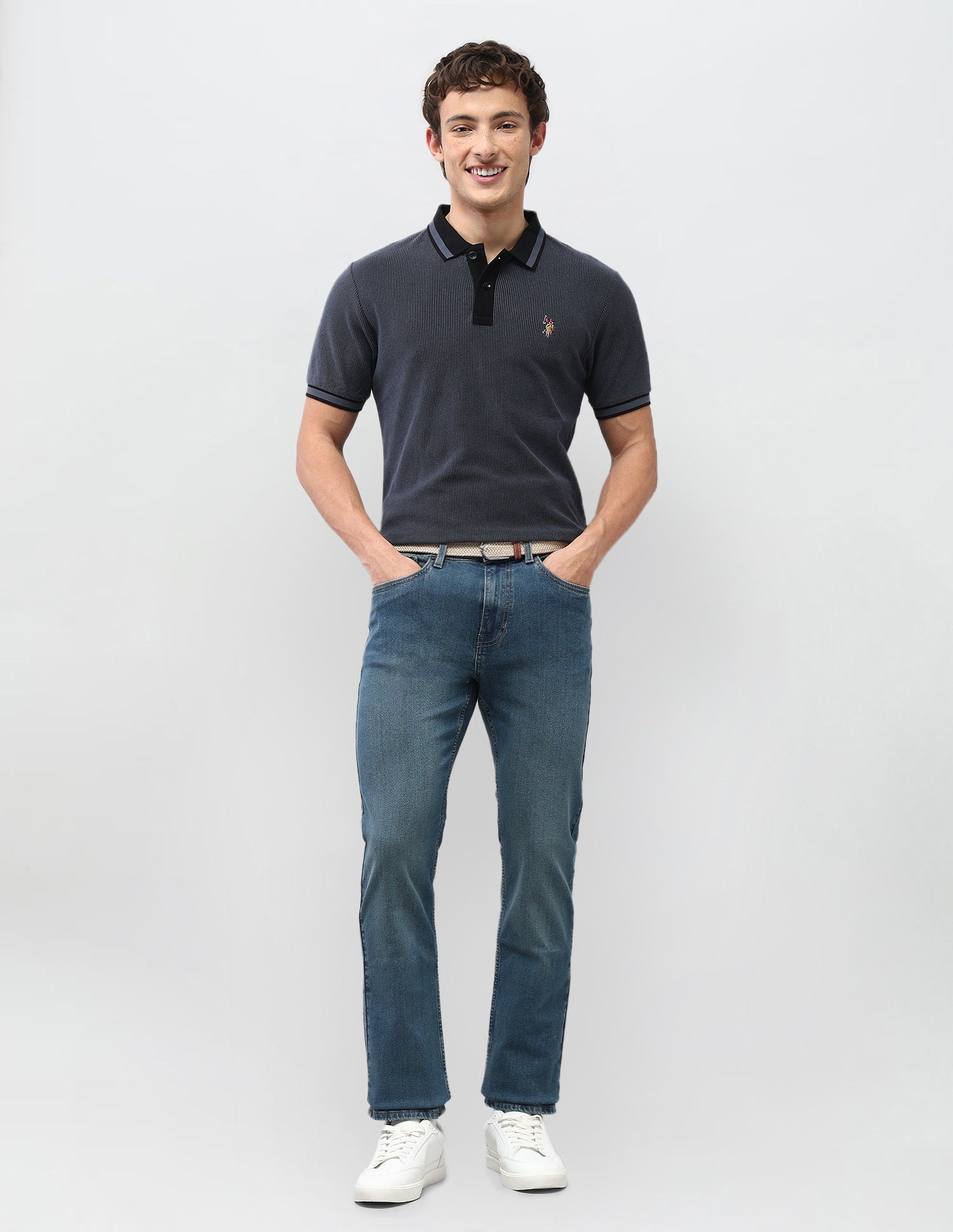 Textured Motel On The Coast Polo Shirt Dark Blue - U.S. Polo Assn. India | Large