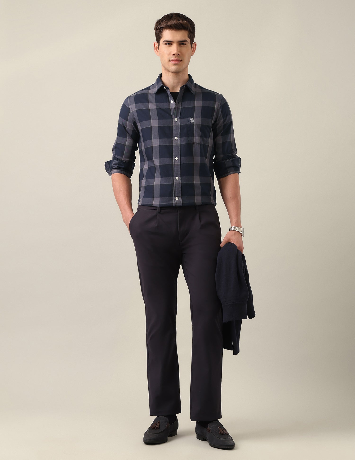Grid Tattersall Checked Twill Shirt Dark Grey - U.S. Polo Assn. India | Large