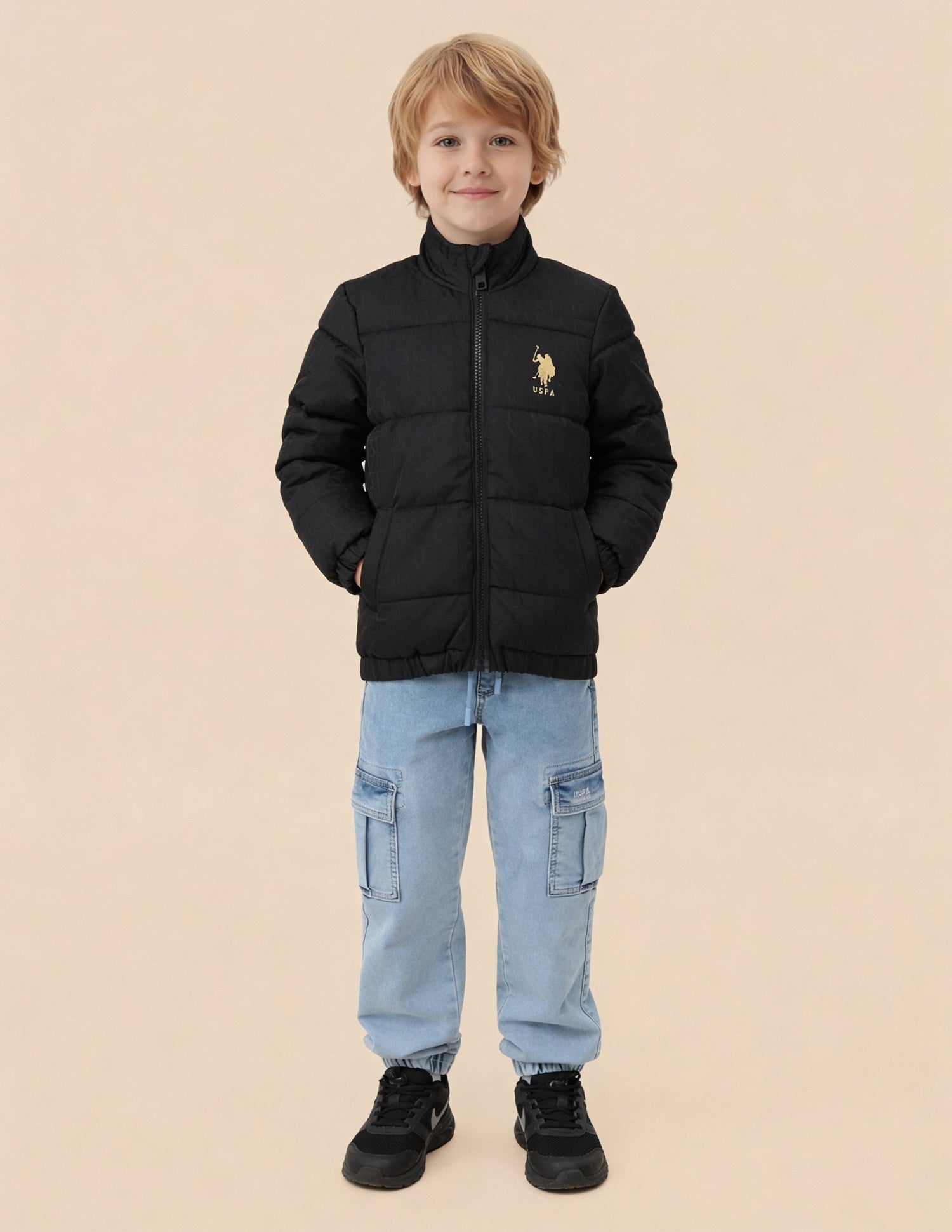 Boys Brand Printed Puffer Jacket Black - U.S. Polo Assn. India | Large