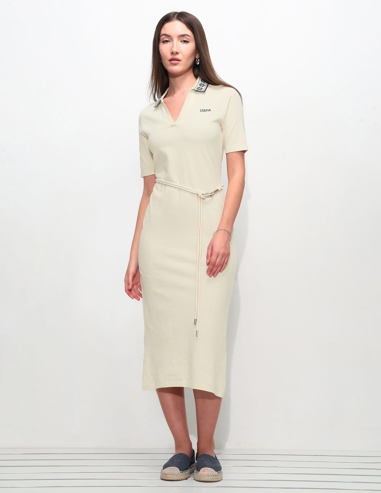 Jacquard Collar Textured Polo Shirt Dress Ecru - U.S. Polo Assn. India | Large