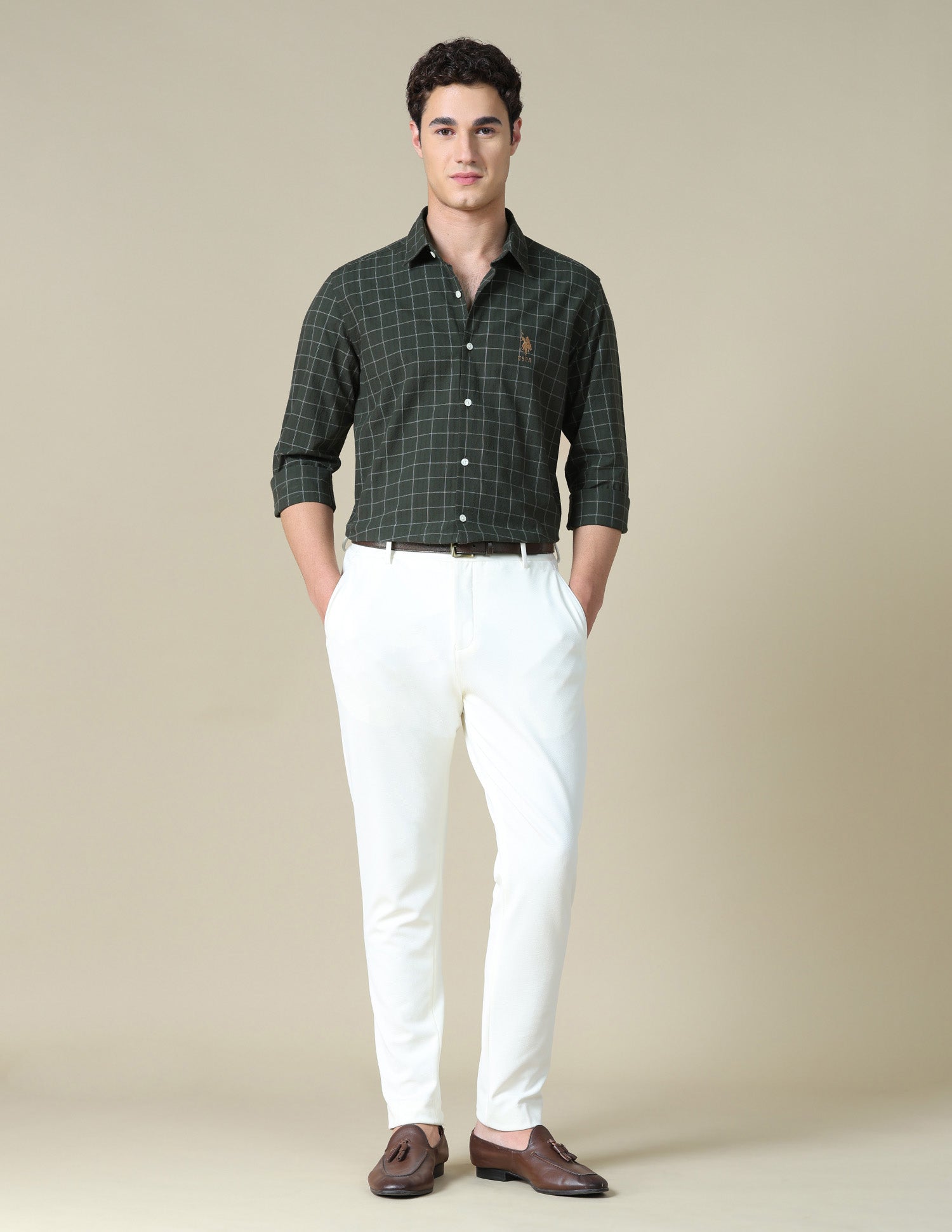 Graph Checked Seersucker Shirt Dark Olive - U.S. Polo Assn. India | Large