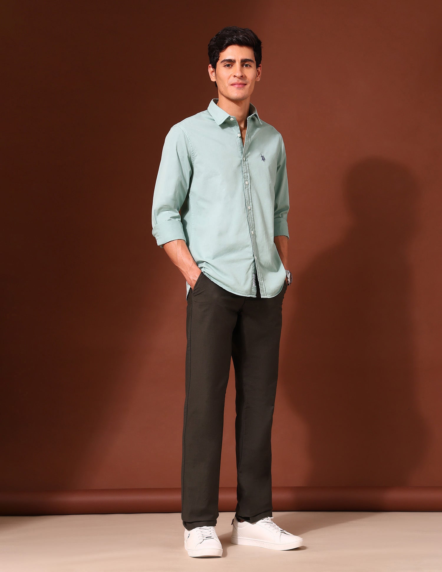 Pure Cotton Tailored Fit Twill Shirt Mint - U.S. Polo Assn. India | Large