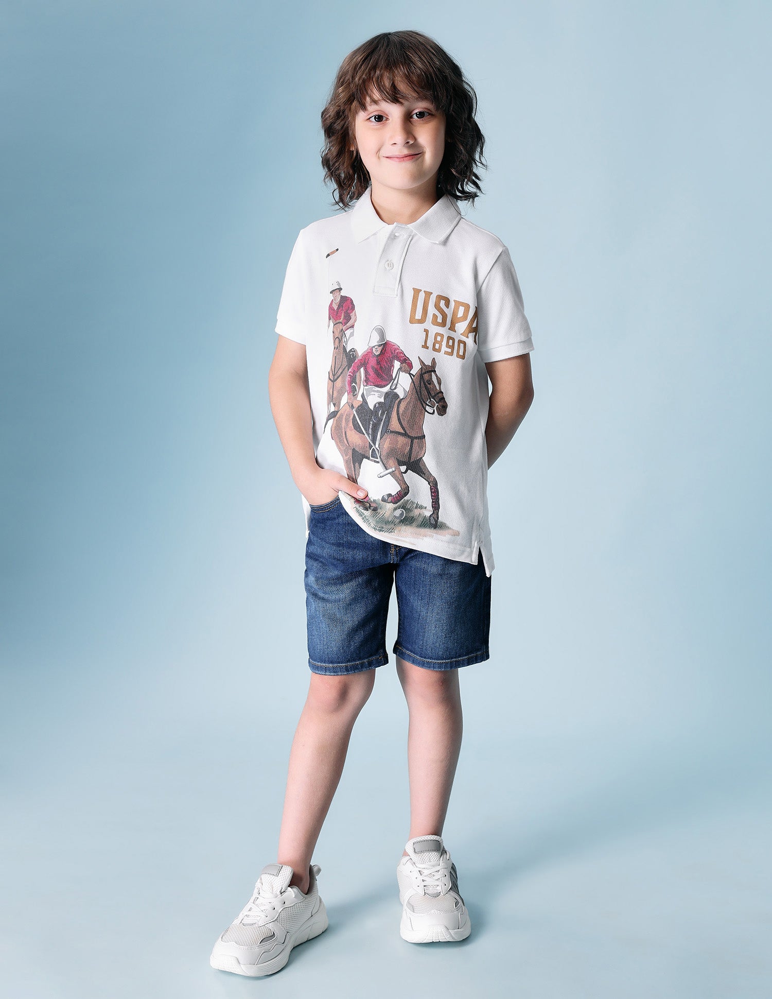 Boys Brand Printed Pure Cotton Polo Shirt White - U.S. POLO ASSN. | Large