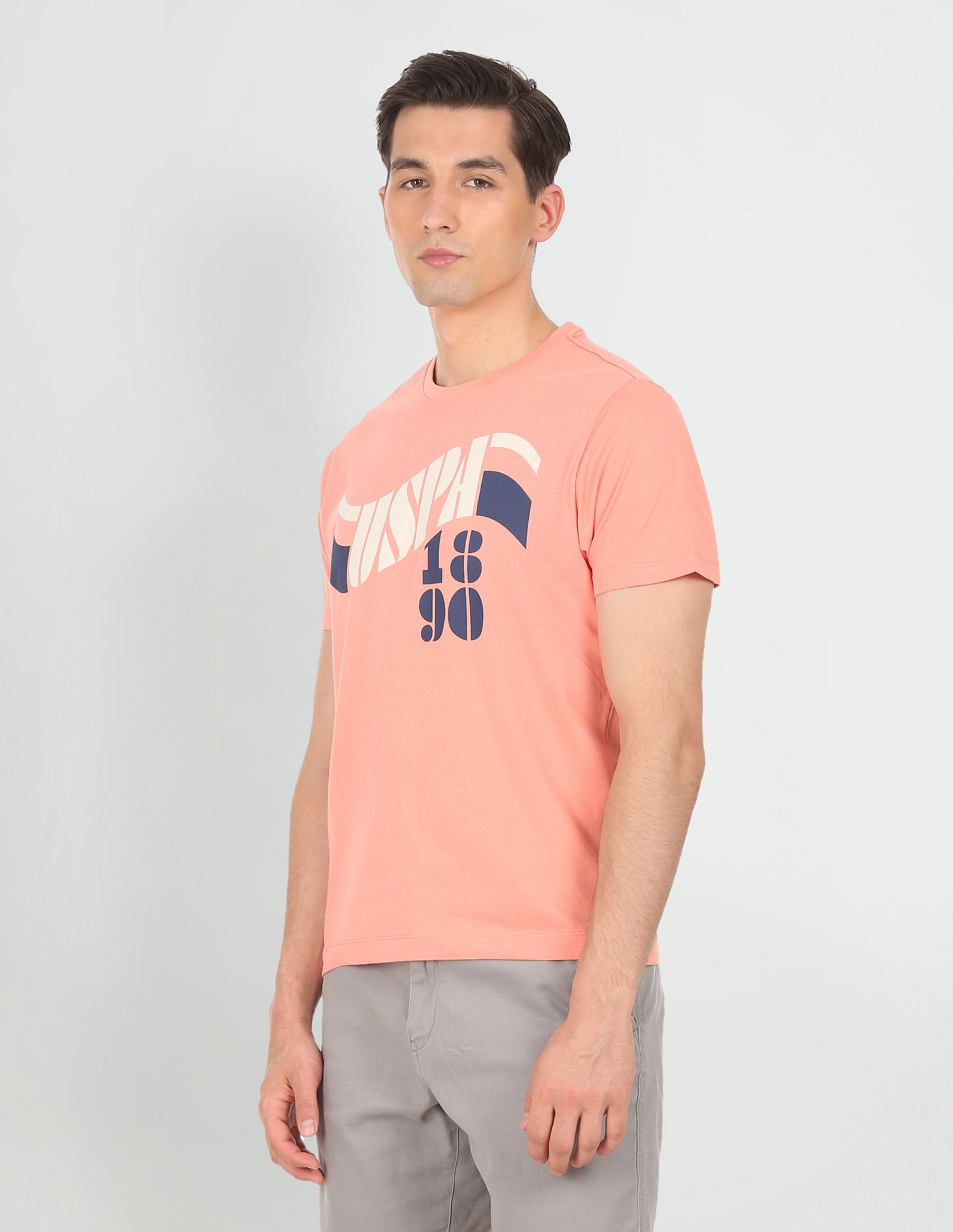 Men Peach Cotton Brand Print T-Shirt Peach - U.S. POLO ASSN. | Large