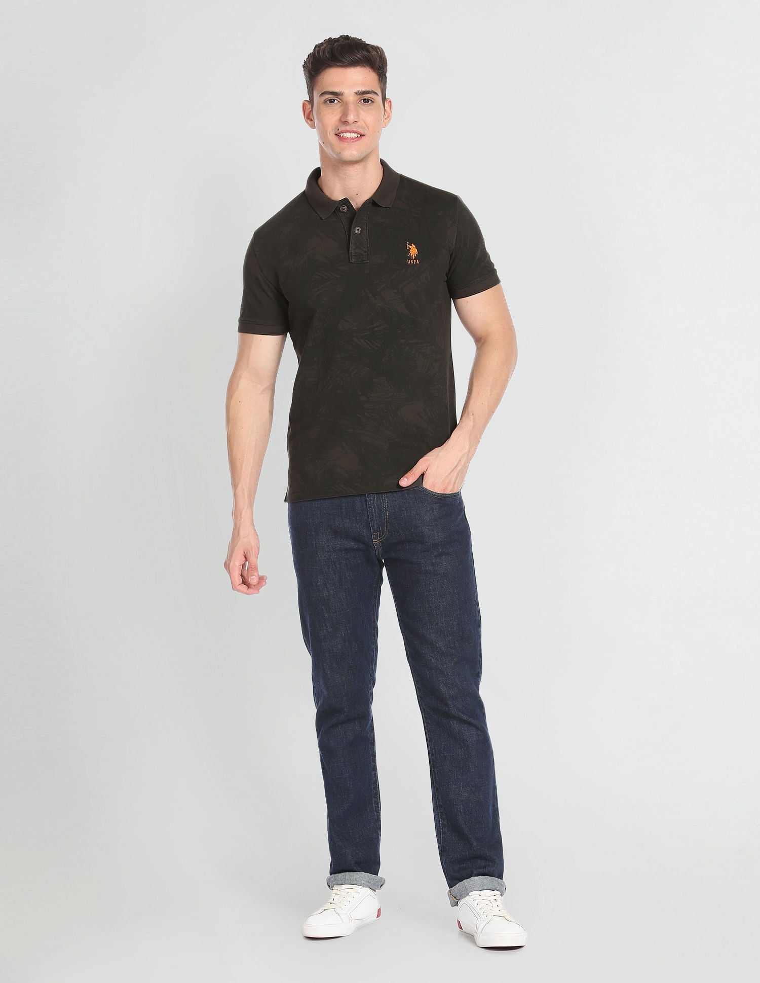 Cotton Abstract Print Polo Shirt Dark Olive - U.S. POLO ASSN. | Large