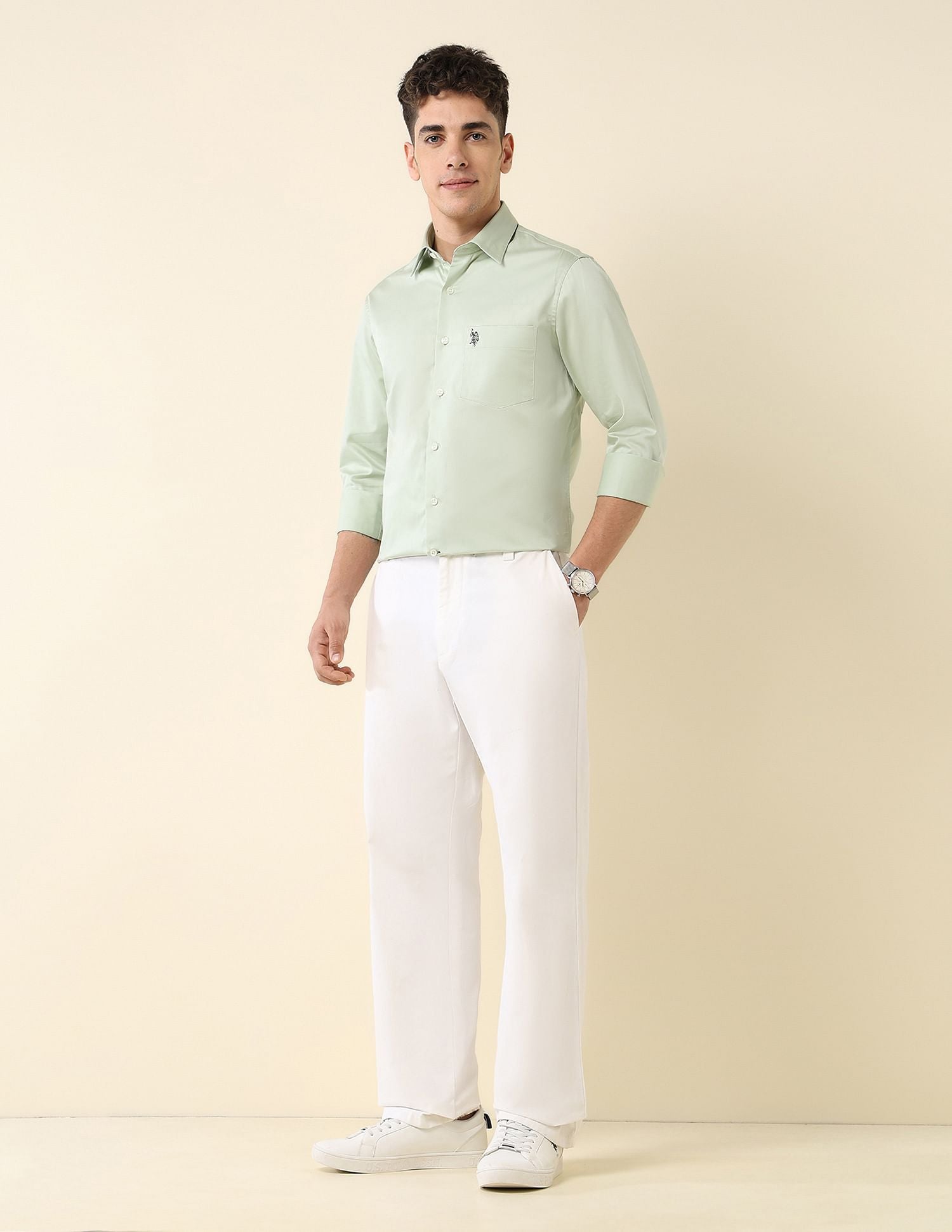 Tailored Fit Satin Shirt Light Green - U.S. Polo Assn. India | Large