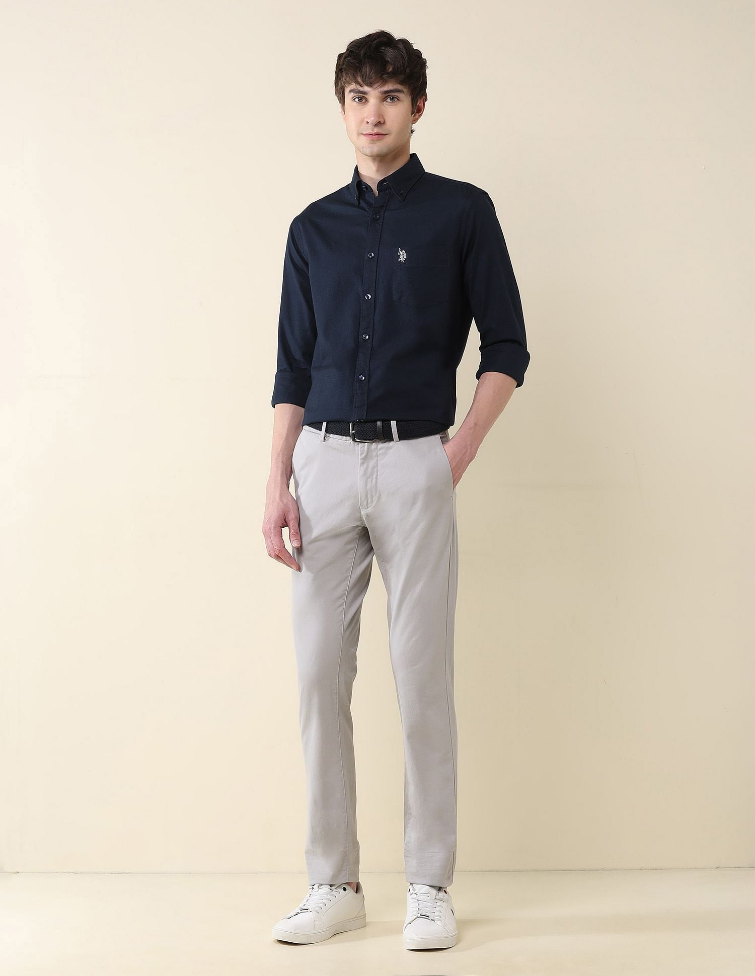 Solid Oxford Stretch Button Down Shirt Navy - U.S. Polo Assn. India | Large