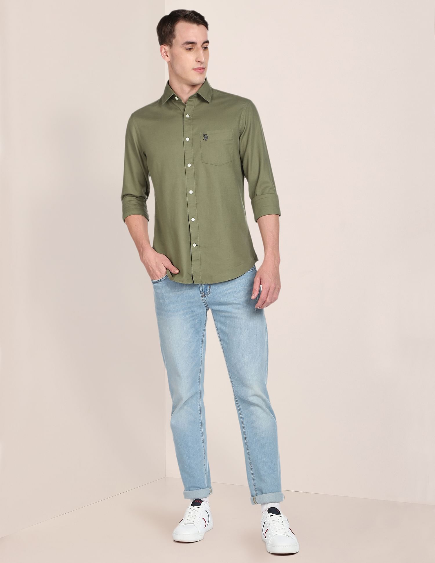 Dobby Solid Casual Shirt Olive - U.S. Polo Assn. India | Large