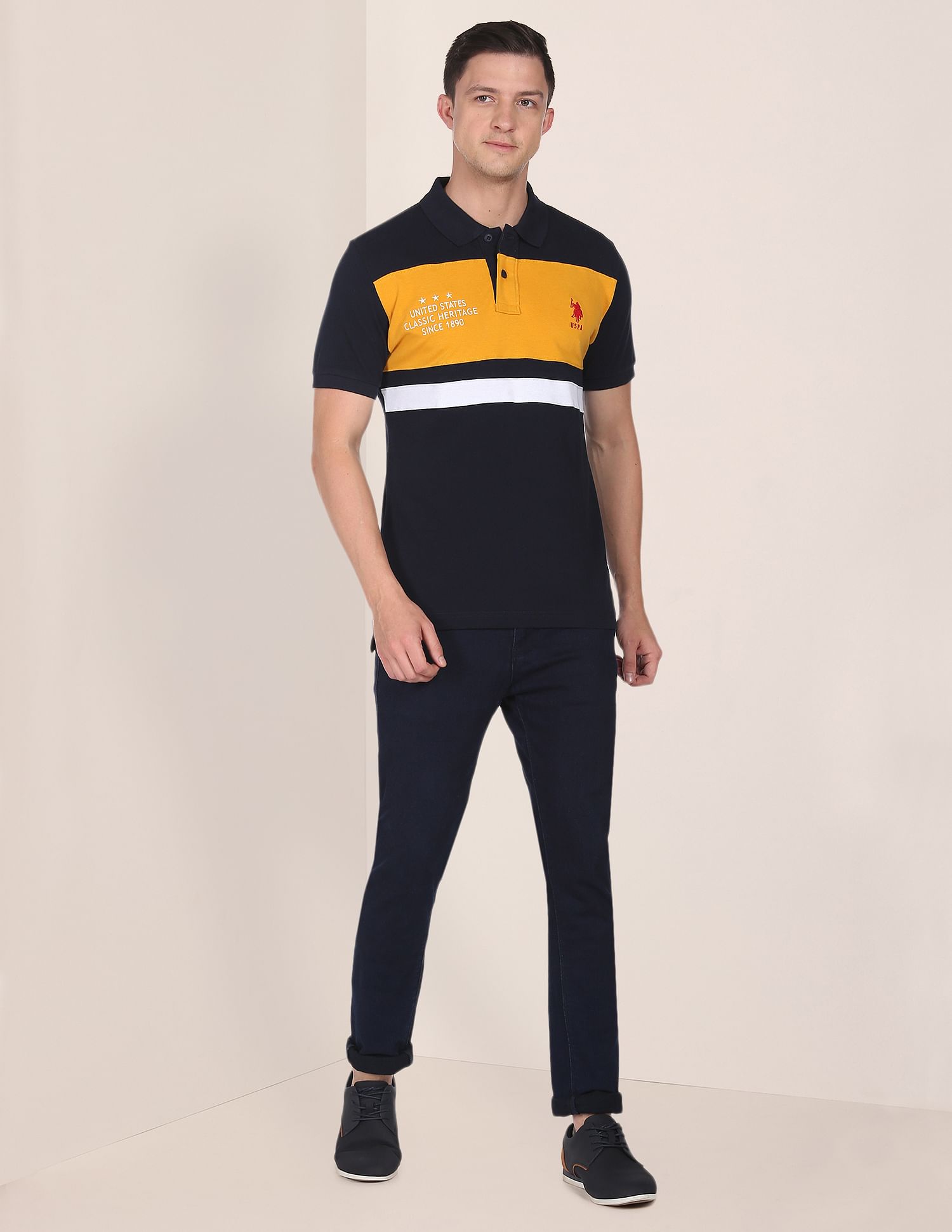 Colour Block Panelled Cotton Polo Shirt Navy and Yellow - U.S. POLO ASSN. | Large