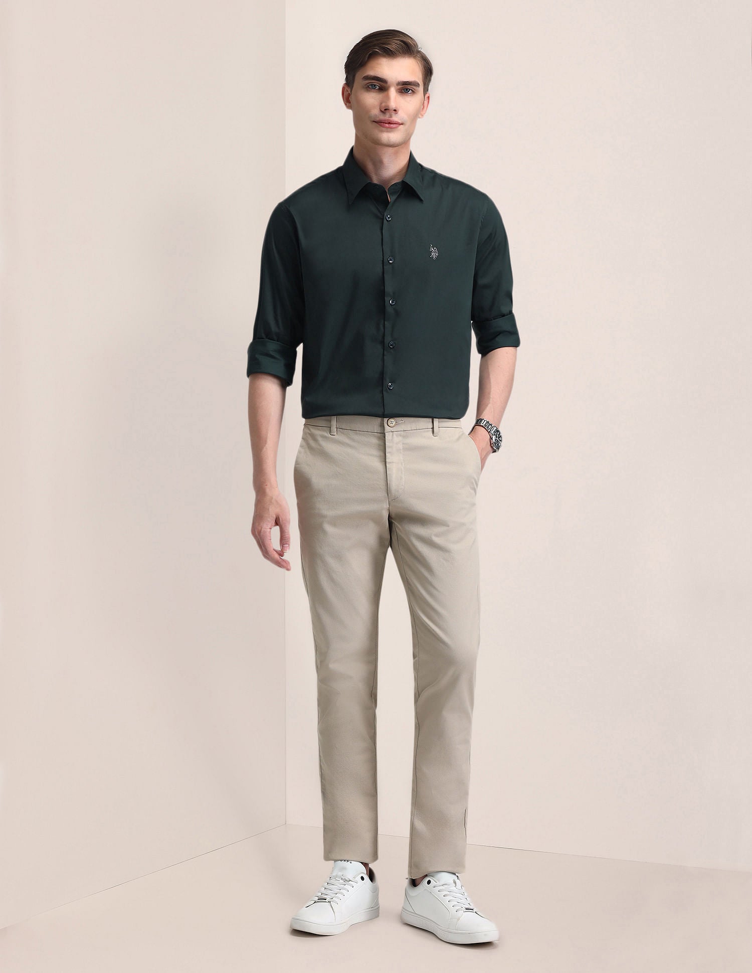Tailored Fit Solid Twill Shirt Green - U.S. Polo Assn. India | Large