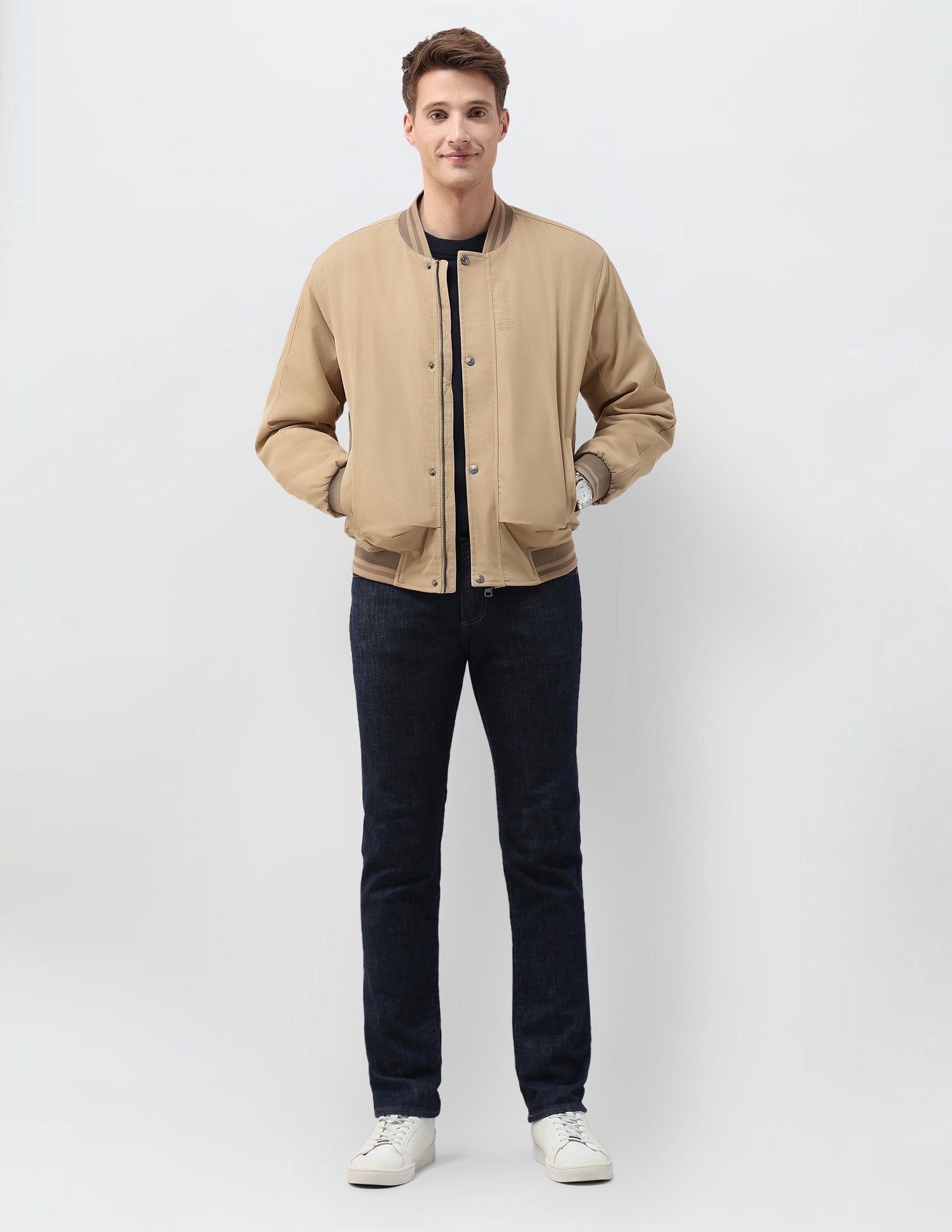 Solid Regular Fit Bomber Jacket Khaki - U.S. Polo Assn. India | Large
