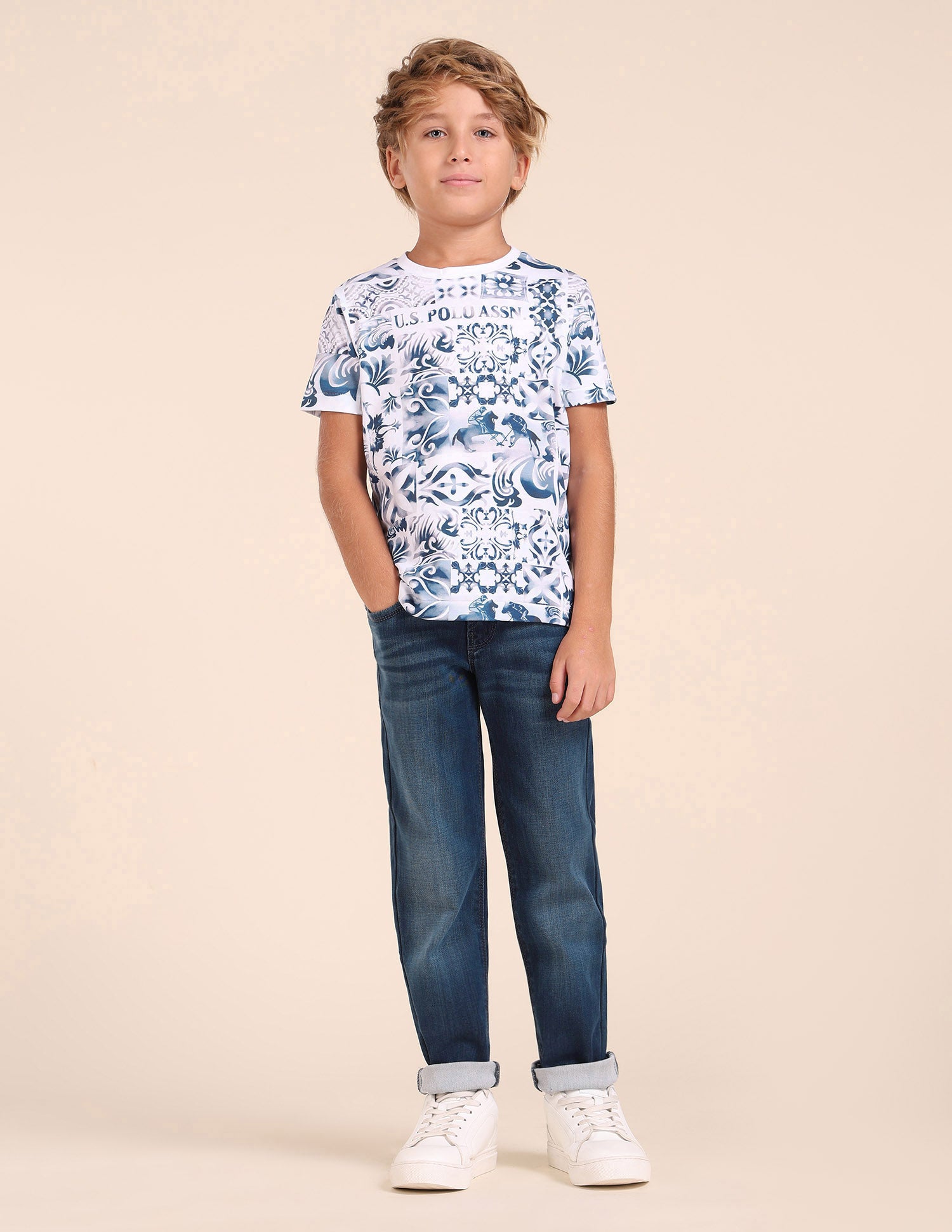 Boys Regular Fit All-Over Printed T-Shirt White - U.S. POLO ASSN. | Large