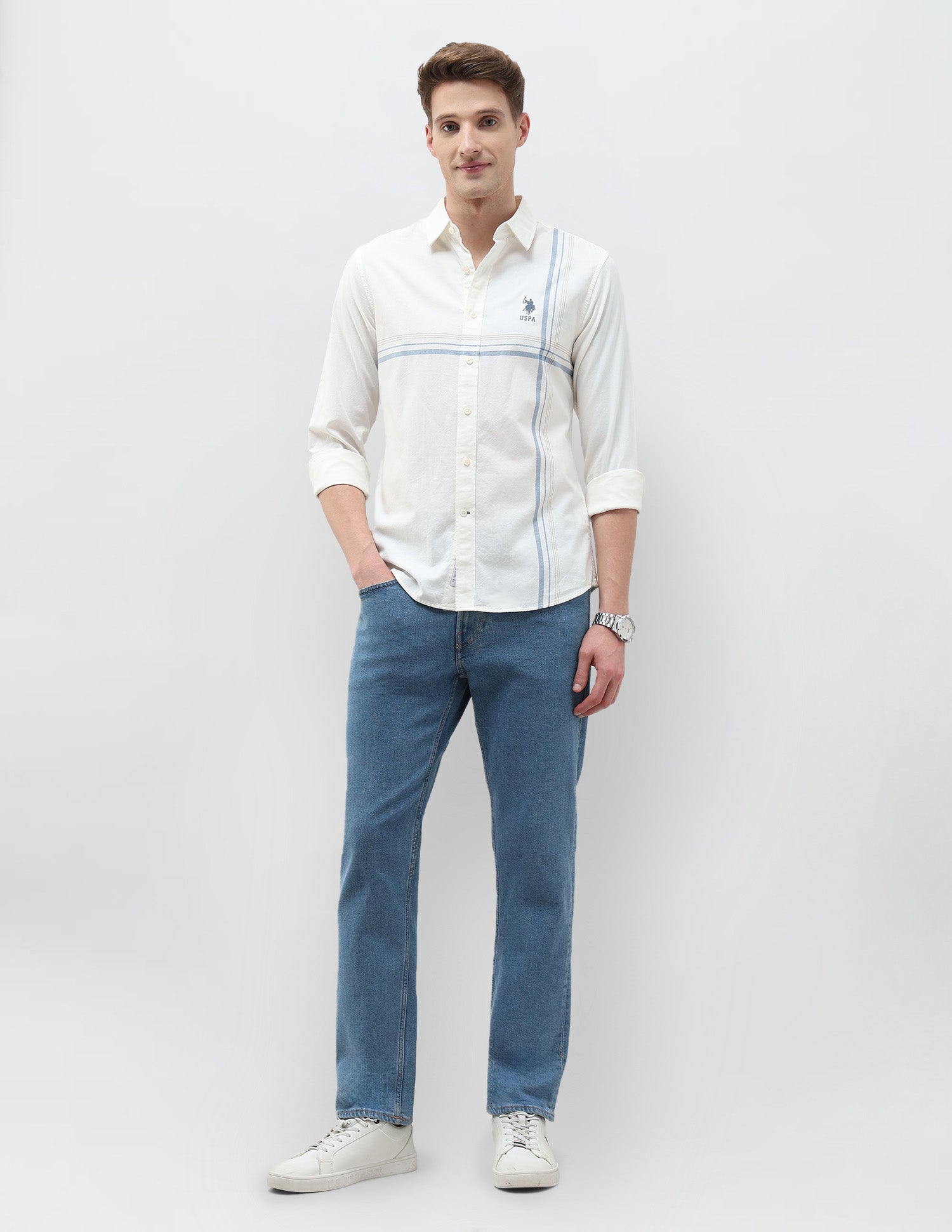 Tailored Fit Vertical Striped Shirt White - U.S. Polo Assn. India | Large