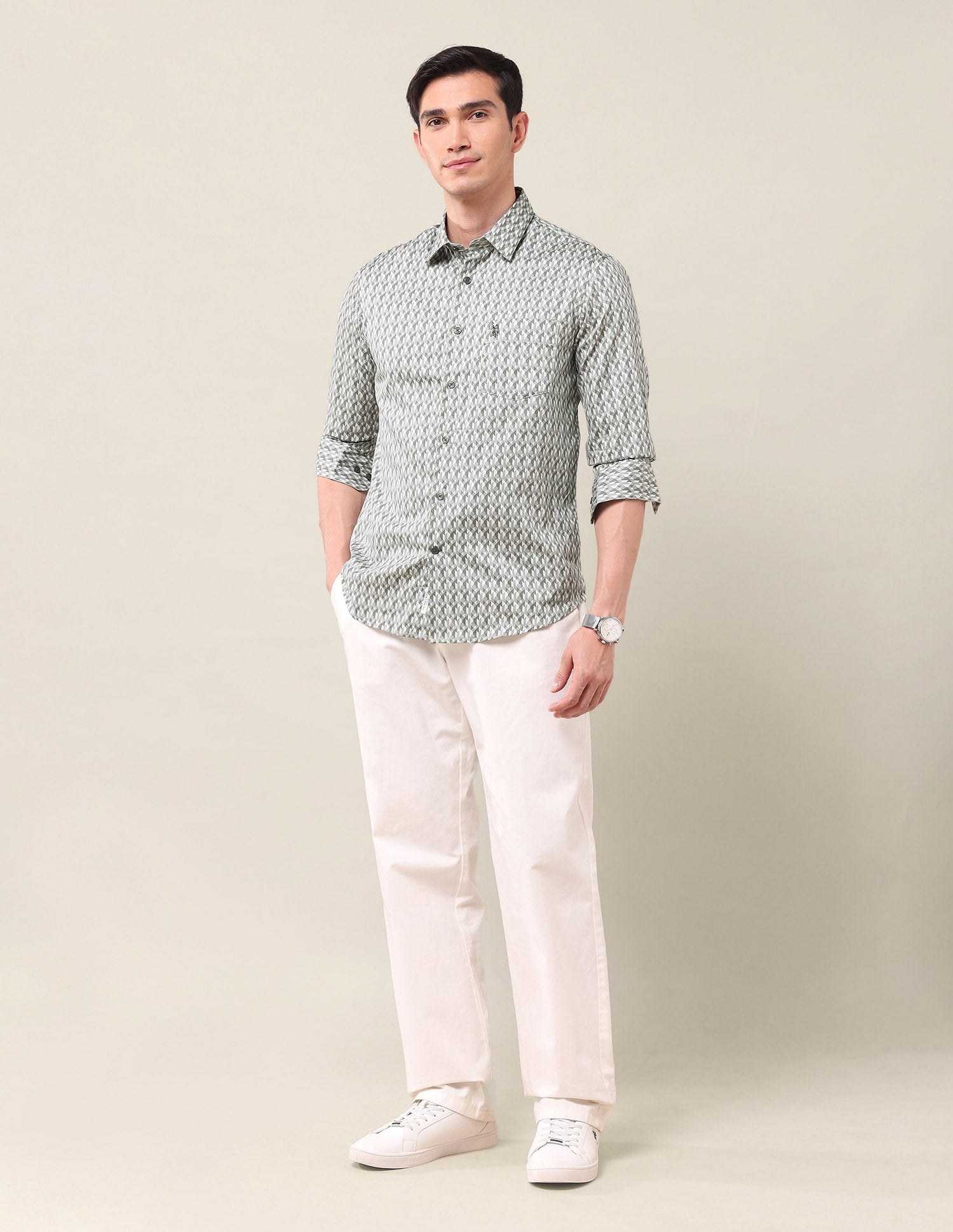 Geometric Printed Tailored Fit Shirt Green - U.S. Polo Assn. India | Large