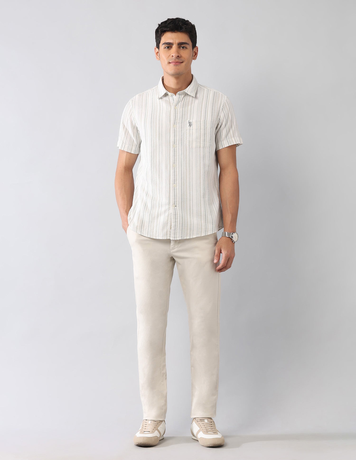 Vertical Striped Seersucker Regular Fit Shirt Olive - U.S. Polo Assn. India | Large